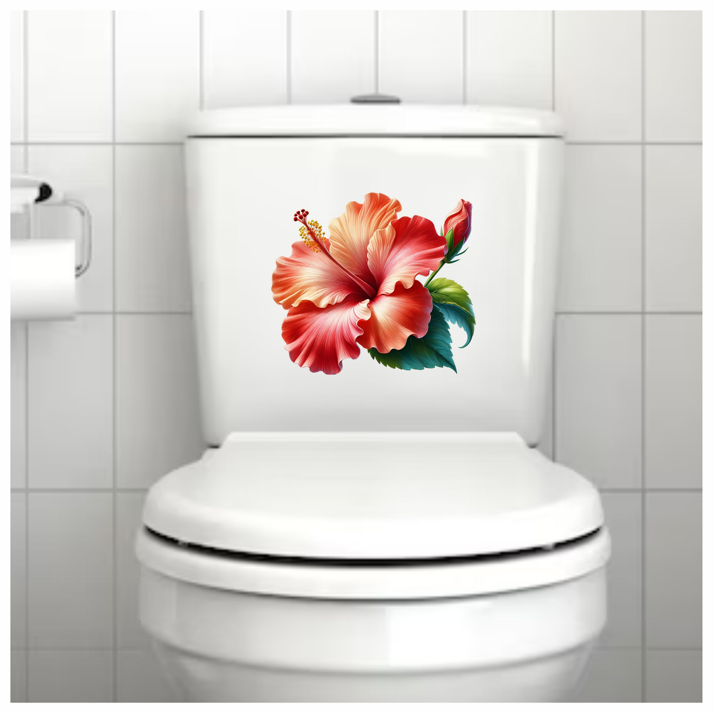 Red Hibiscus Flower Green Leaves Vinyl Sticker Decal