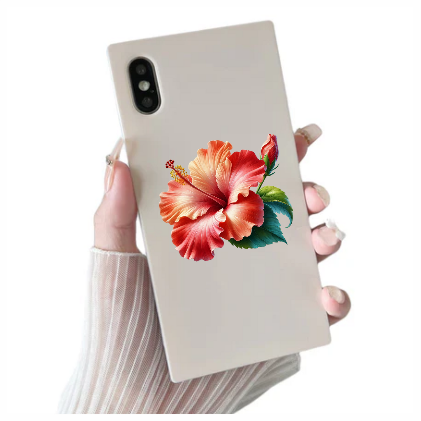 Red Hibiscus Flower Green Leaves Vinyl Sticker Decal