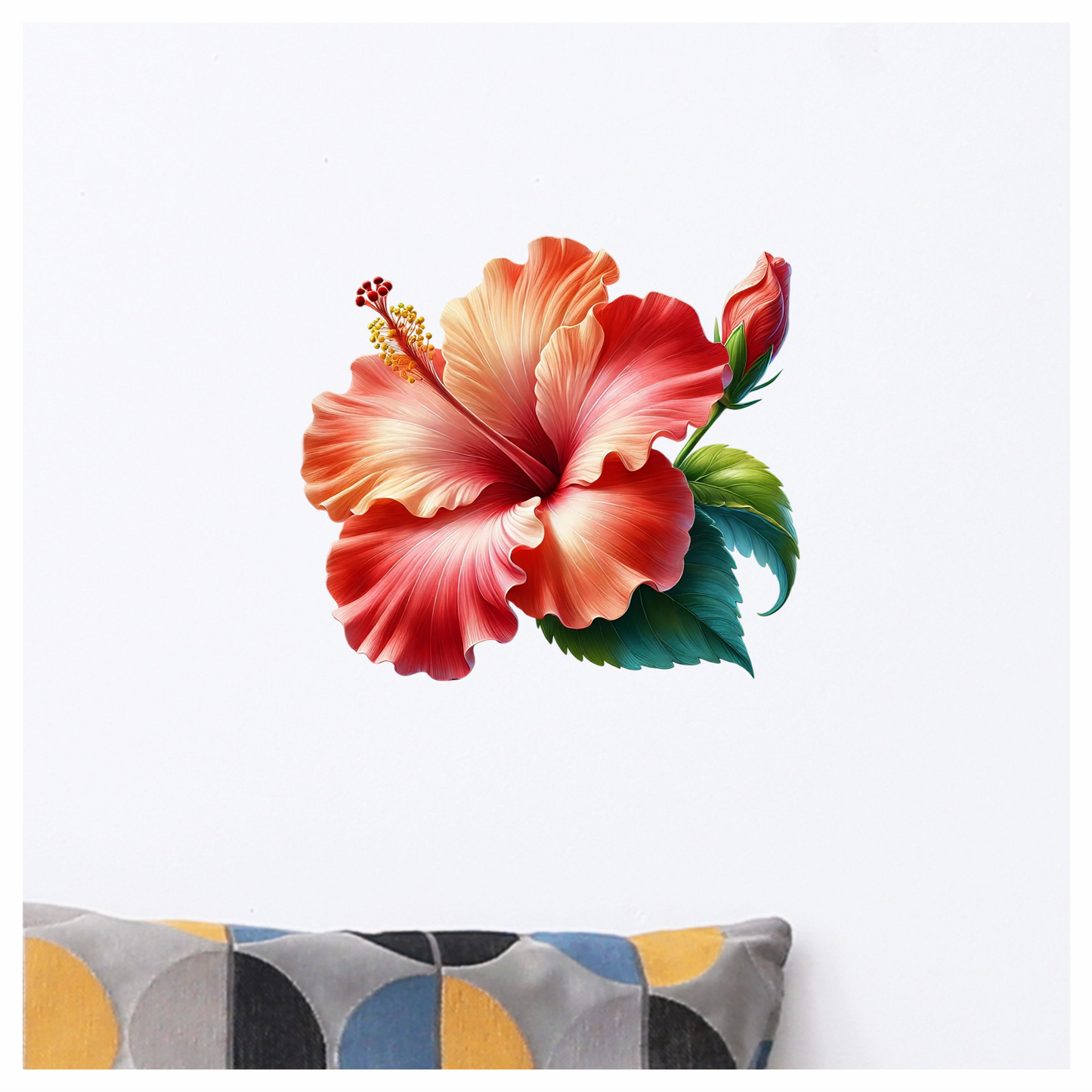 Red Hibiscus Flower Green Leaves Vinyl Sticker Decal