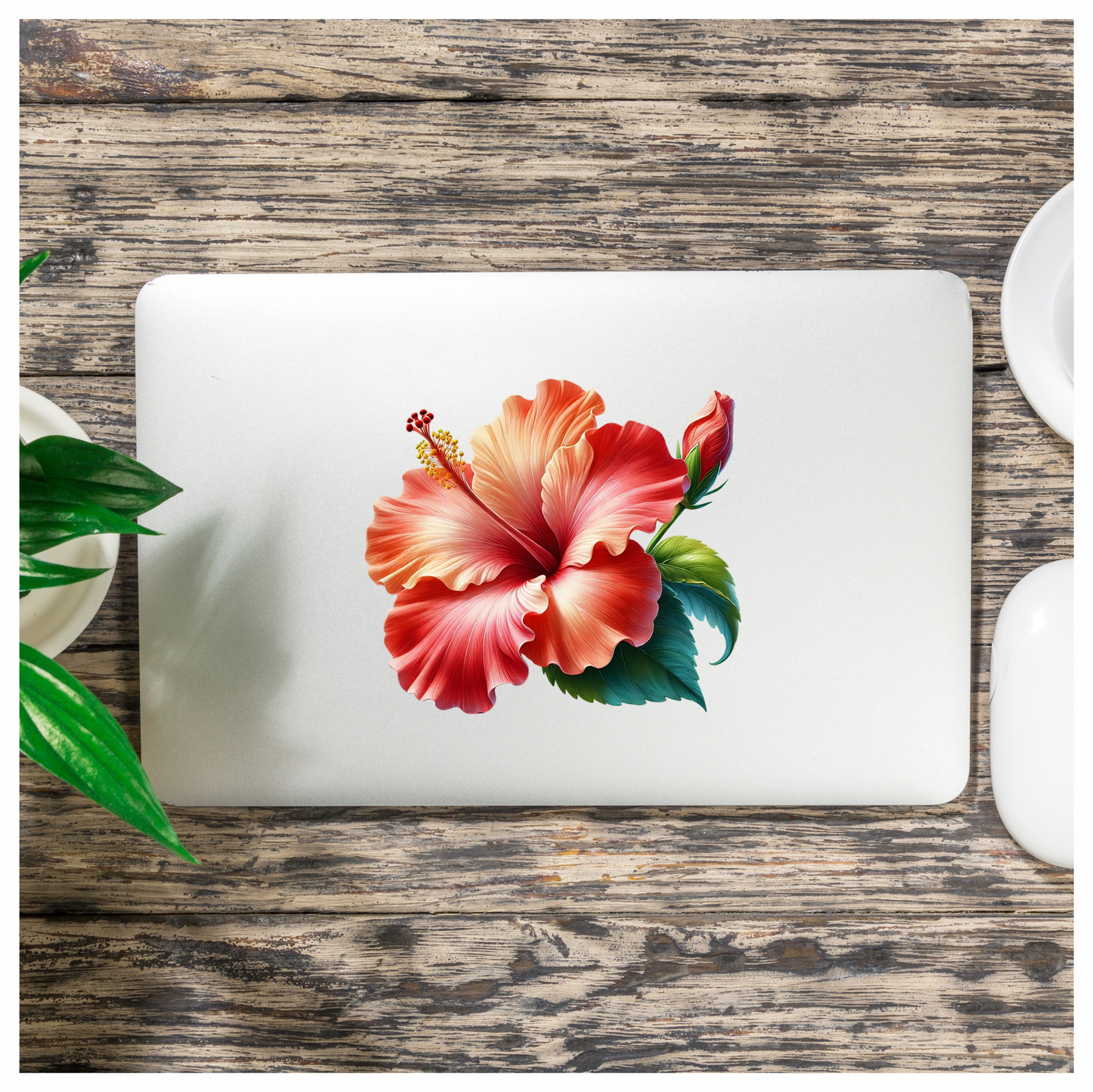 Red Hibiscus Flower Green Leaves Vinyl Sticker Decal