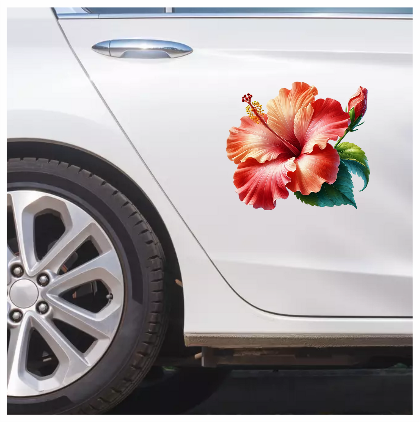 Red Hibiscus Flower Green Leaves Vinyl Sticker Decal
