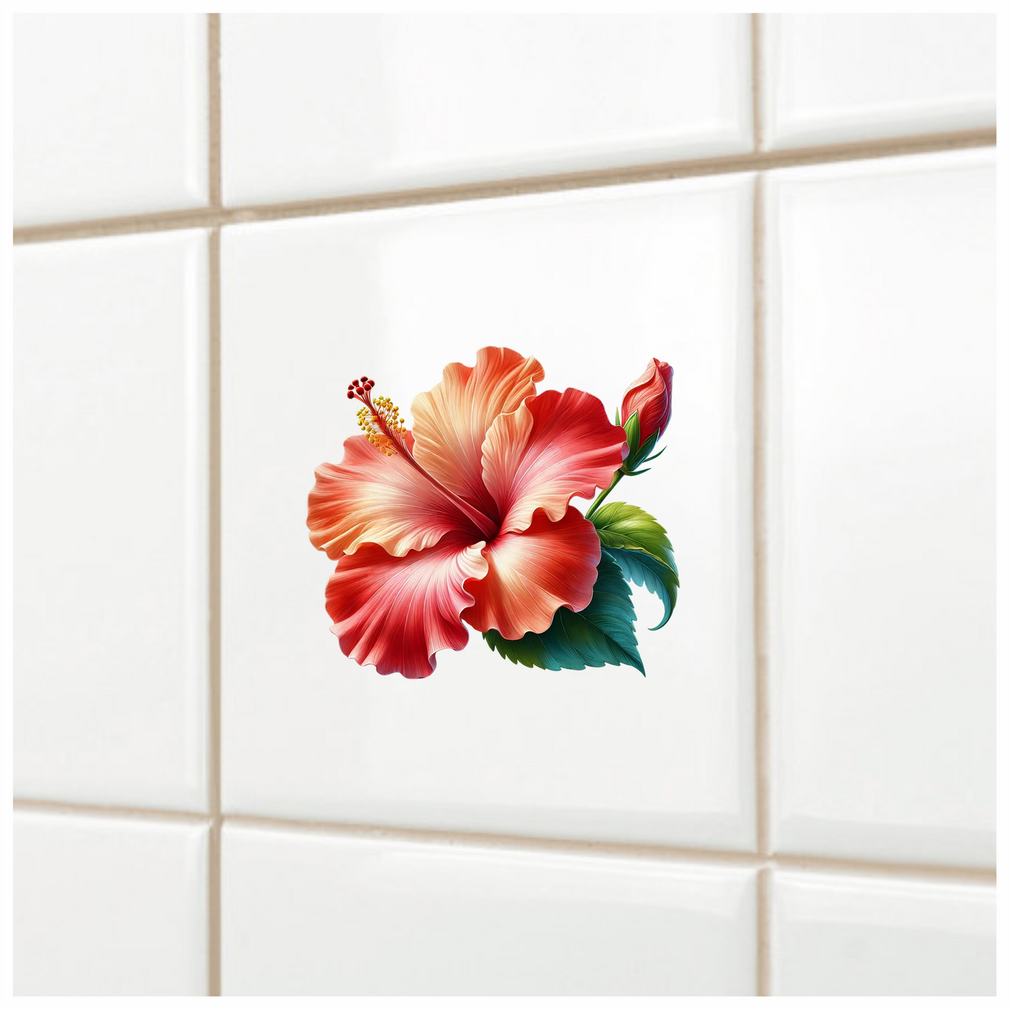 Red Hibiscus Flower Green Leaves Vinyl Sticker Decal