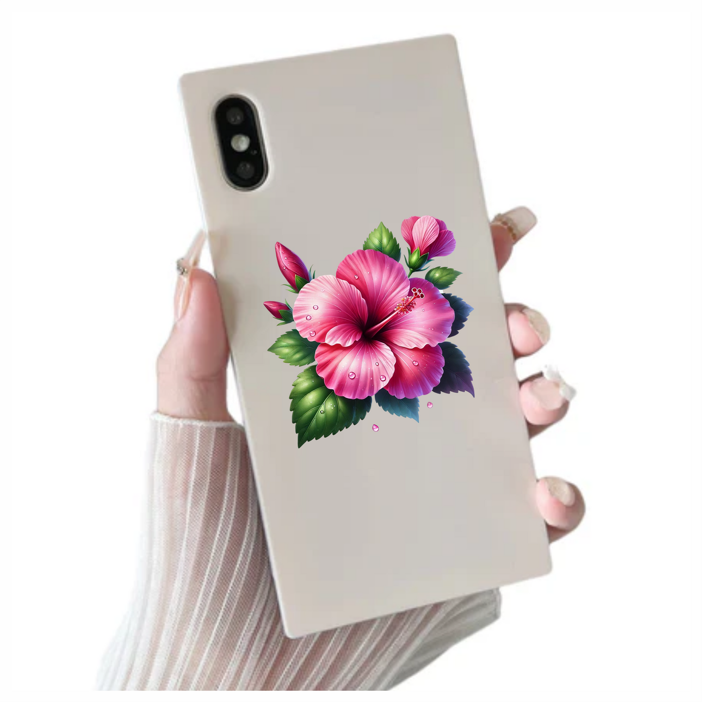 Pink Hibiscus Flower Green Leaves Vinyl Sticker Decal
