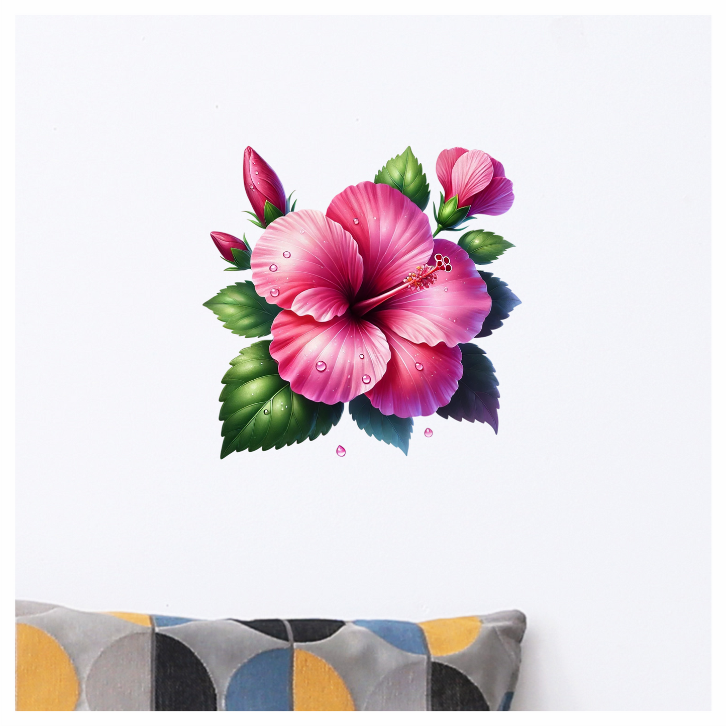 Pink Hibiscus Flower Green Leaves Vinyl Sticker Decal