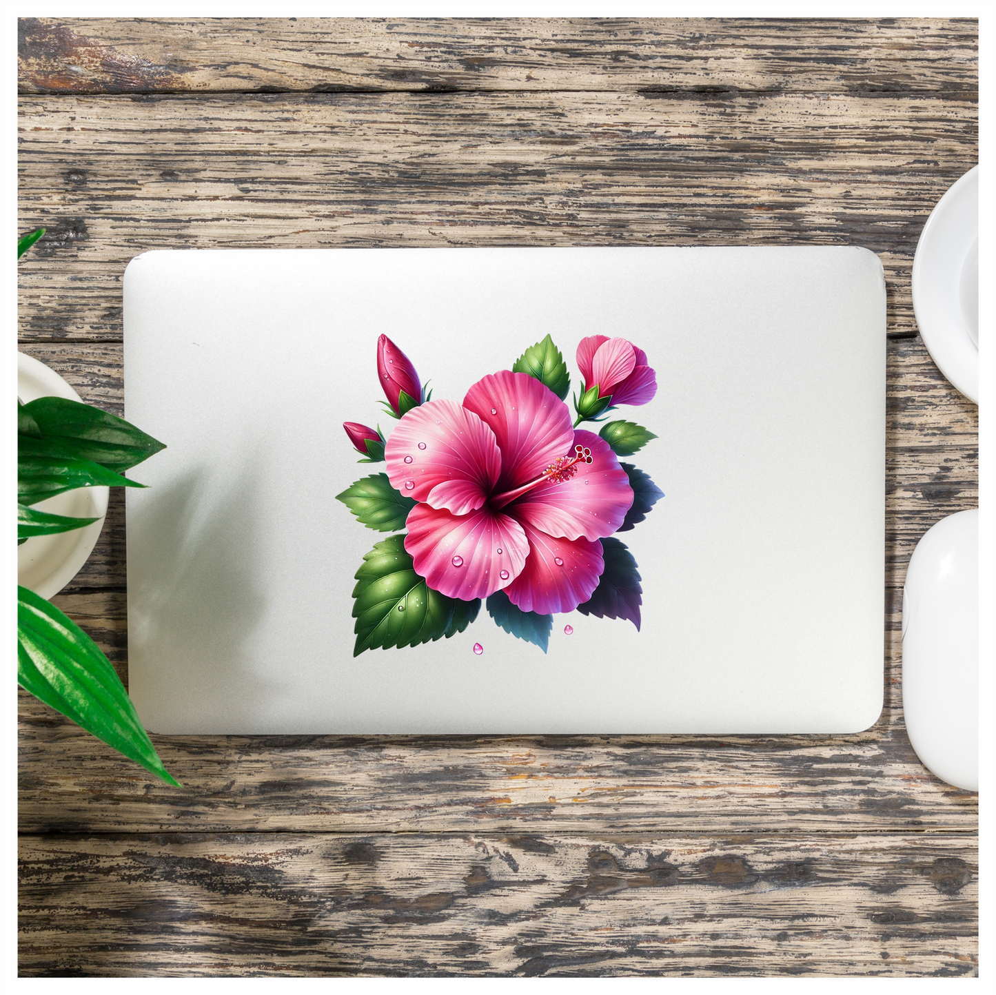 Pink Hibiscus Flower Green Leaves Vinyl Sticker Decal
