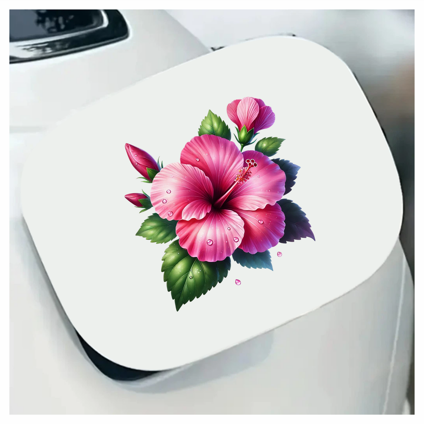 Pink Hibiscus Flower Green Leaves Vinyl Sticker Decal