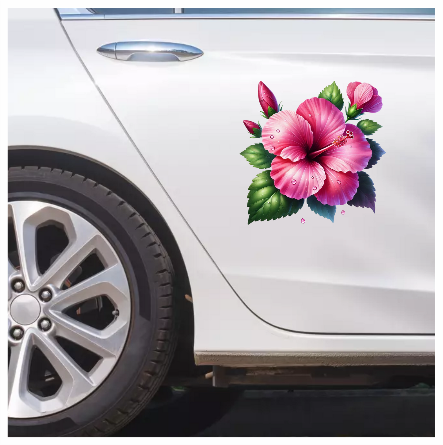 Pink Hibiscus Flower Green Leaves Vinyl Sticker Decal