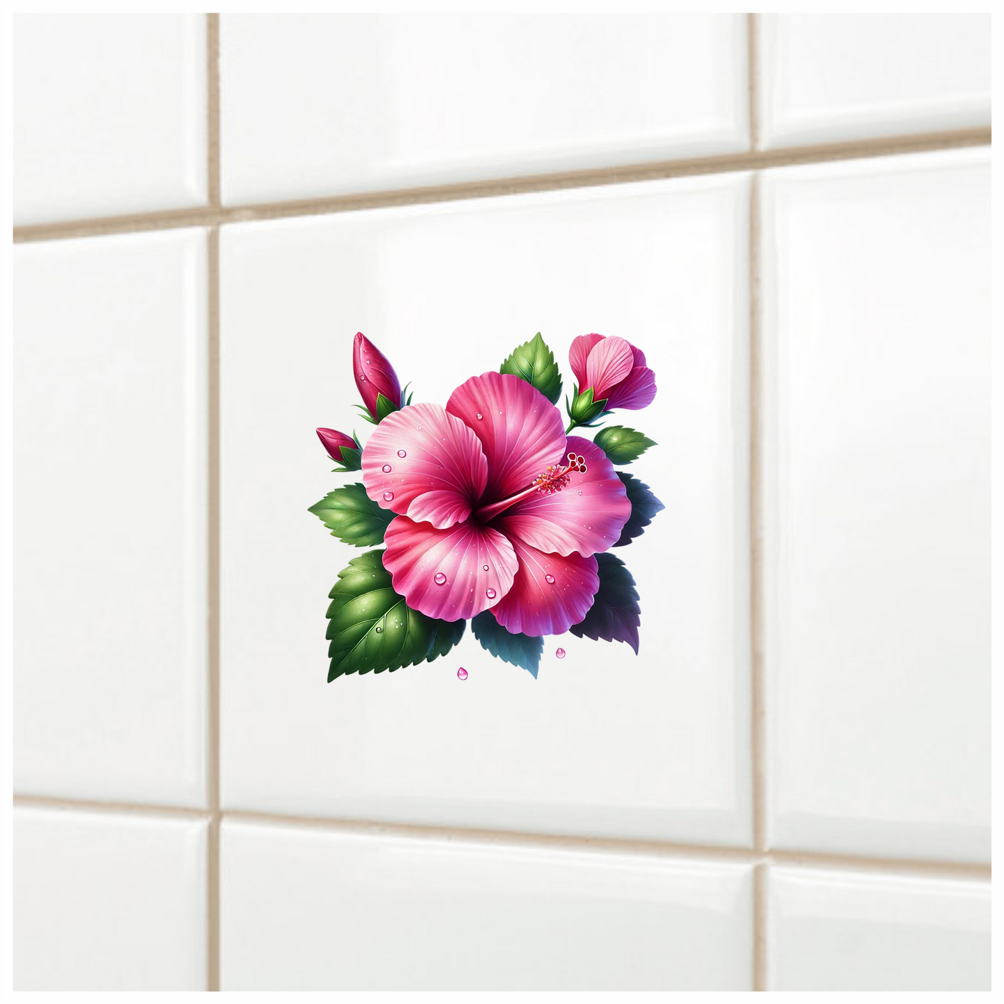 Pink Hibiscus Flower Green Leaves Vinyl Sticker Decal
