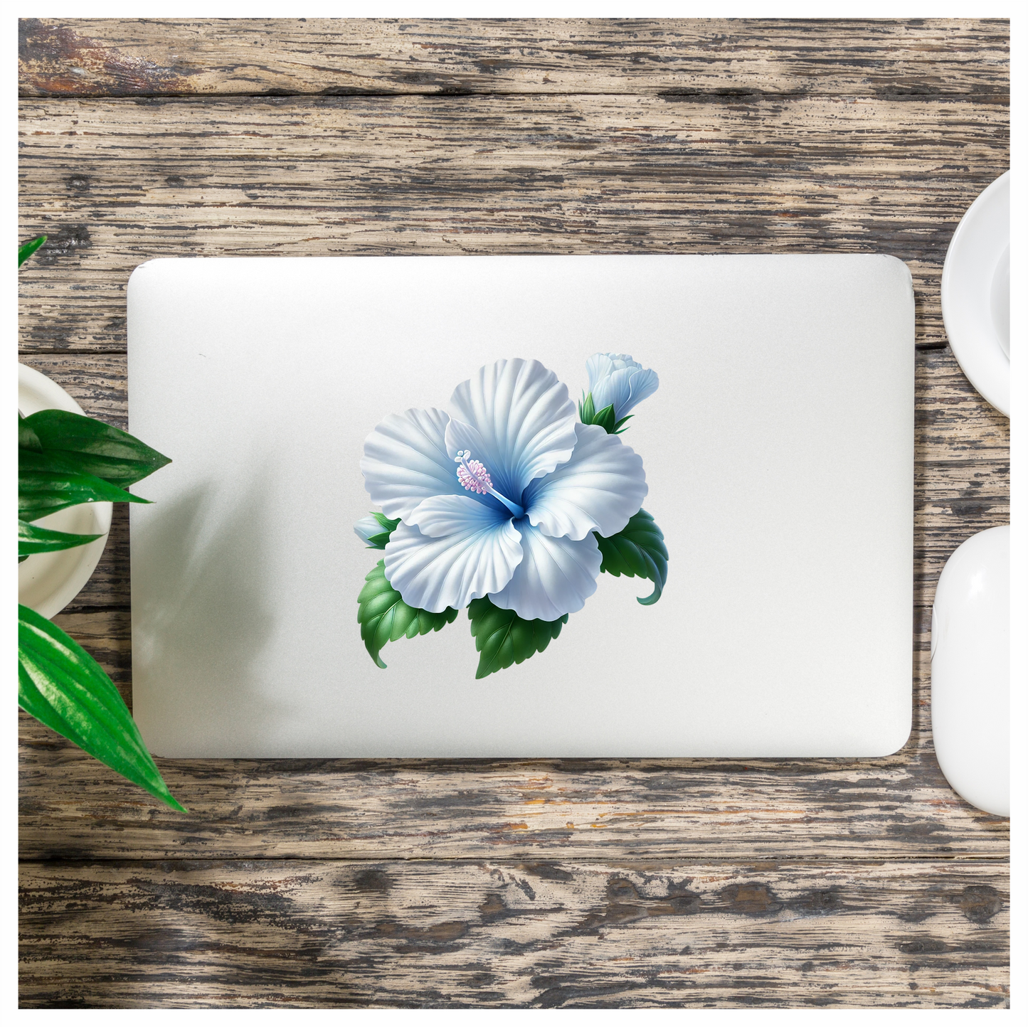 White Hibiscus Flower Green Leaves Vinyl Sticker Decal