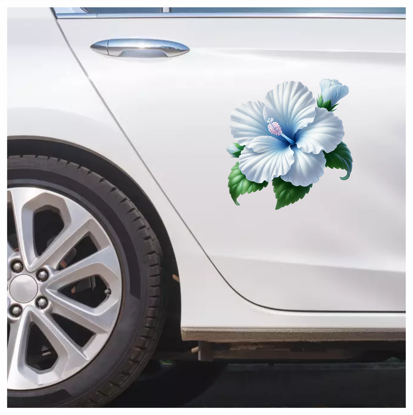 White Hibiscus Flower Green Leaves Vinyl Sticker Decal
