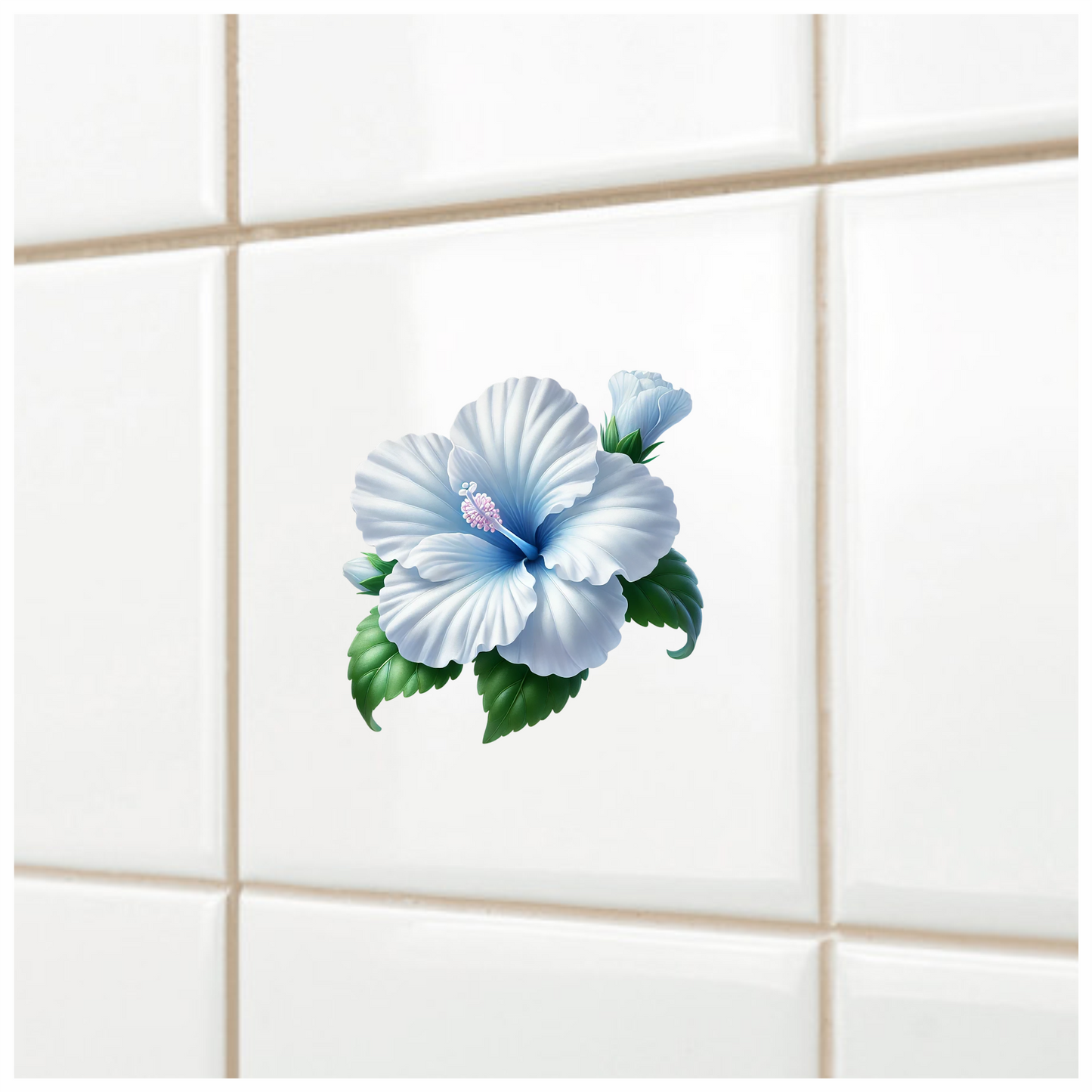 White Hibiscus Flower Green Leaves Vinyl Sticker Decal
