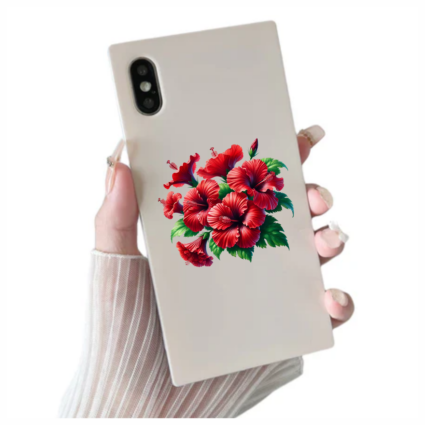 Red Hibiscus Flowers Green Leaves Vinyl Sticker Decal