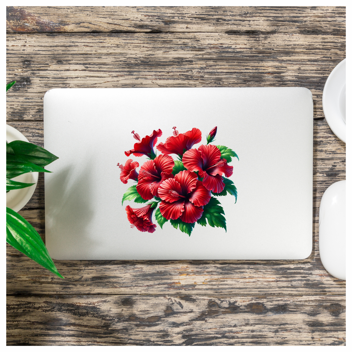 Red Hibiscus Flowers Green Leaves Vinyl Sticker Decal