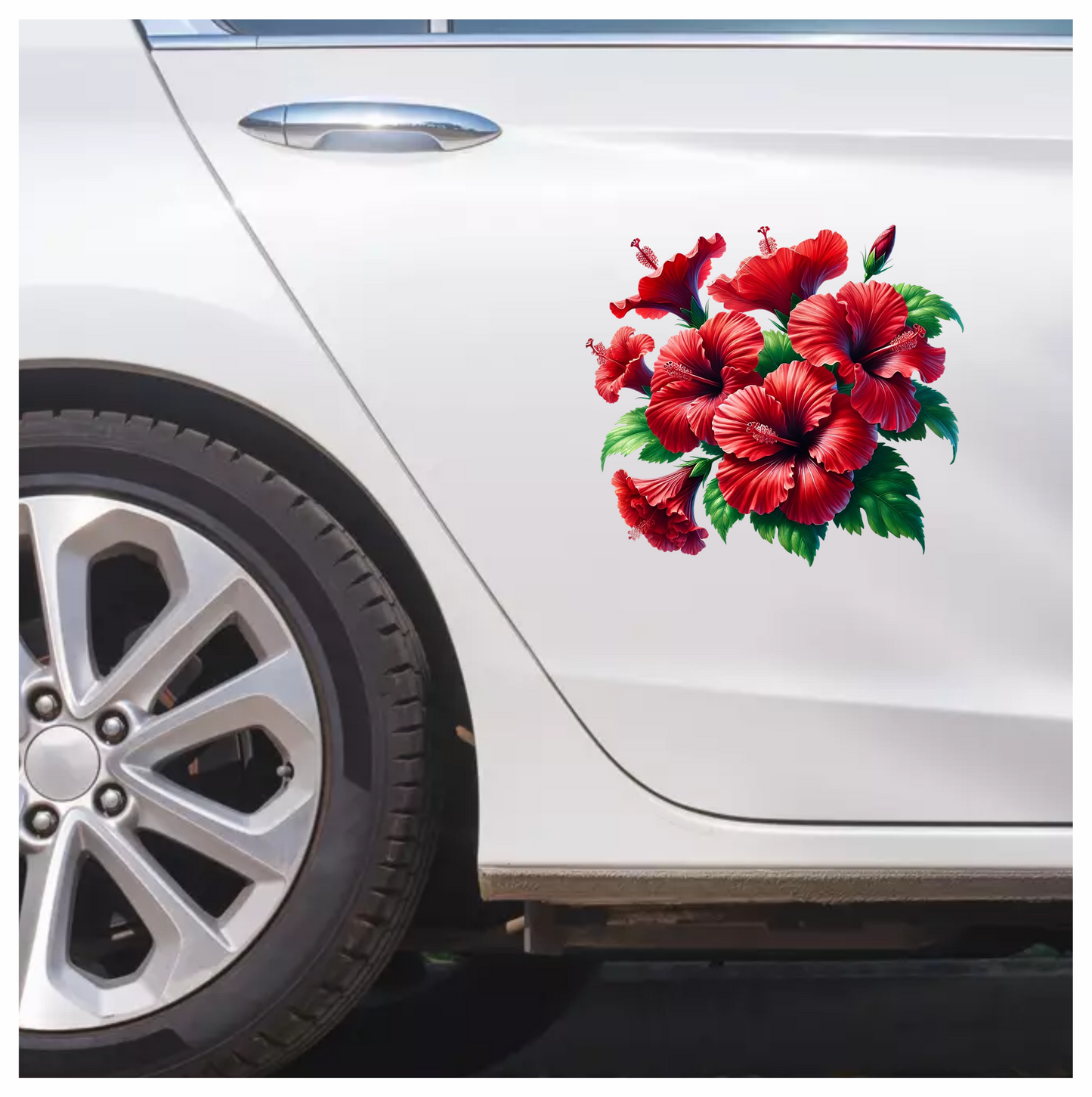 Red Hibiscus Flowers Green Leaves Vinyl Sticker Decal