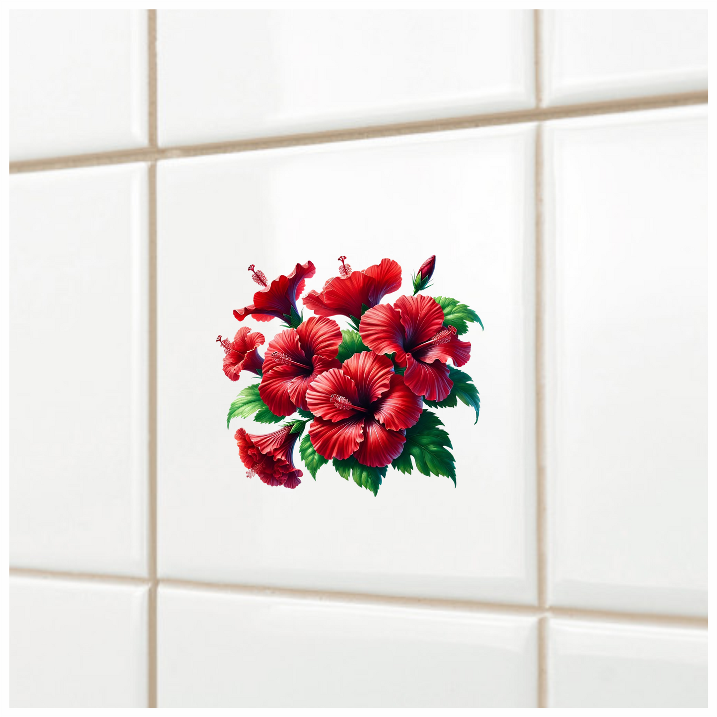 Red Hibiscus Flowers Green Leaves Vinyl Sticker Decal