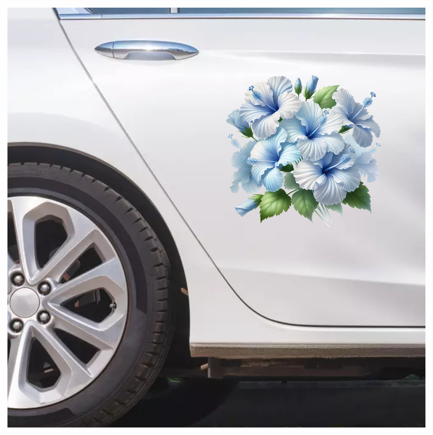 Blue Hibiscus Flowers Green Leaves Vinyl Sticker Decal