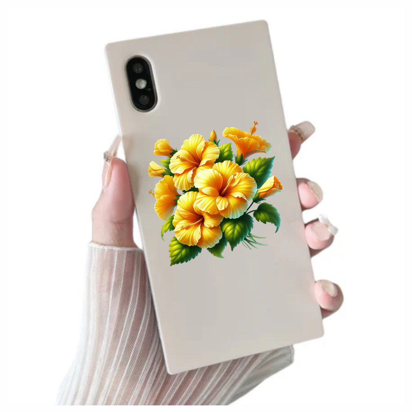 Yellow Hibiscus Flowers Green Leaves Vinyl Sticker Decal