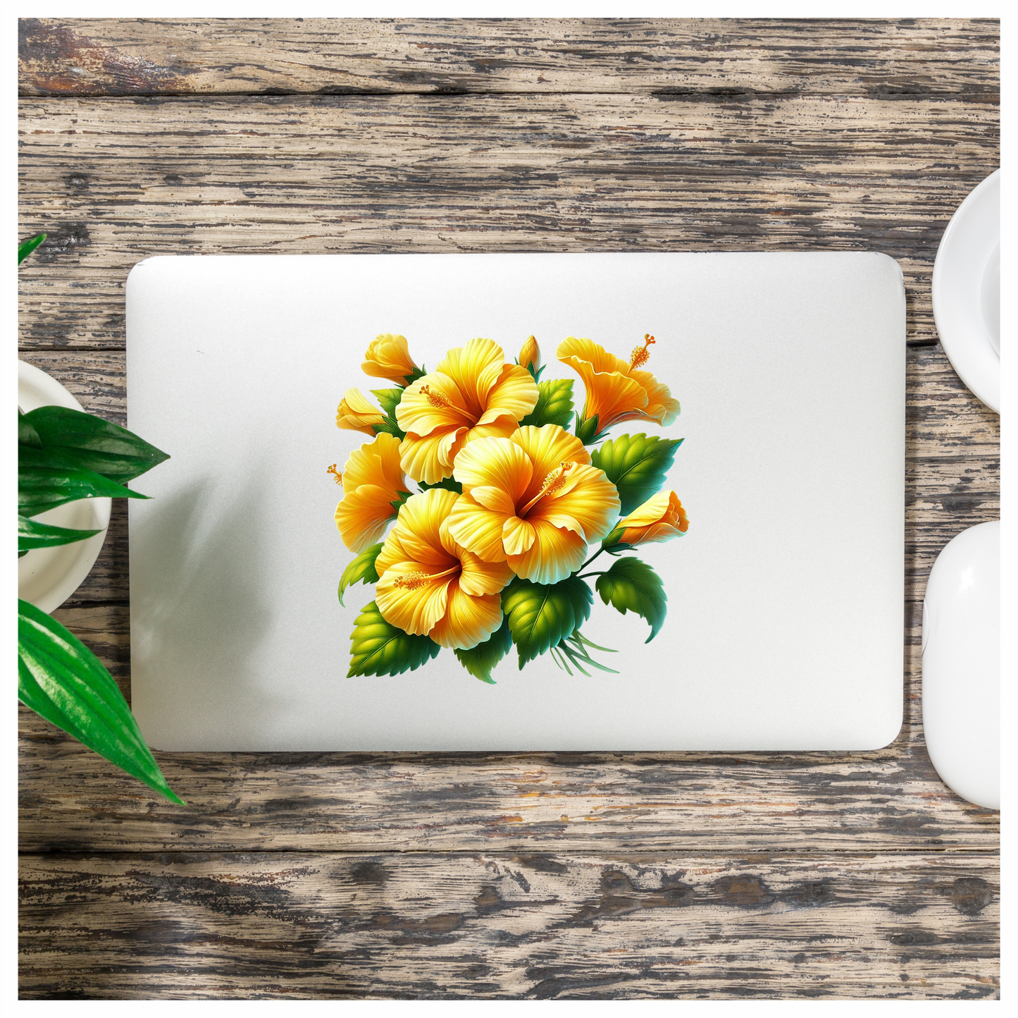 Yellow Hibiscus Flowers Green Leaves Vinyl Sticker Decal