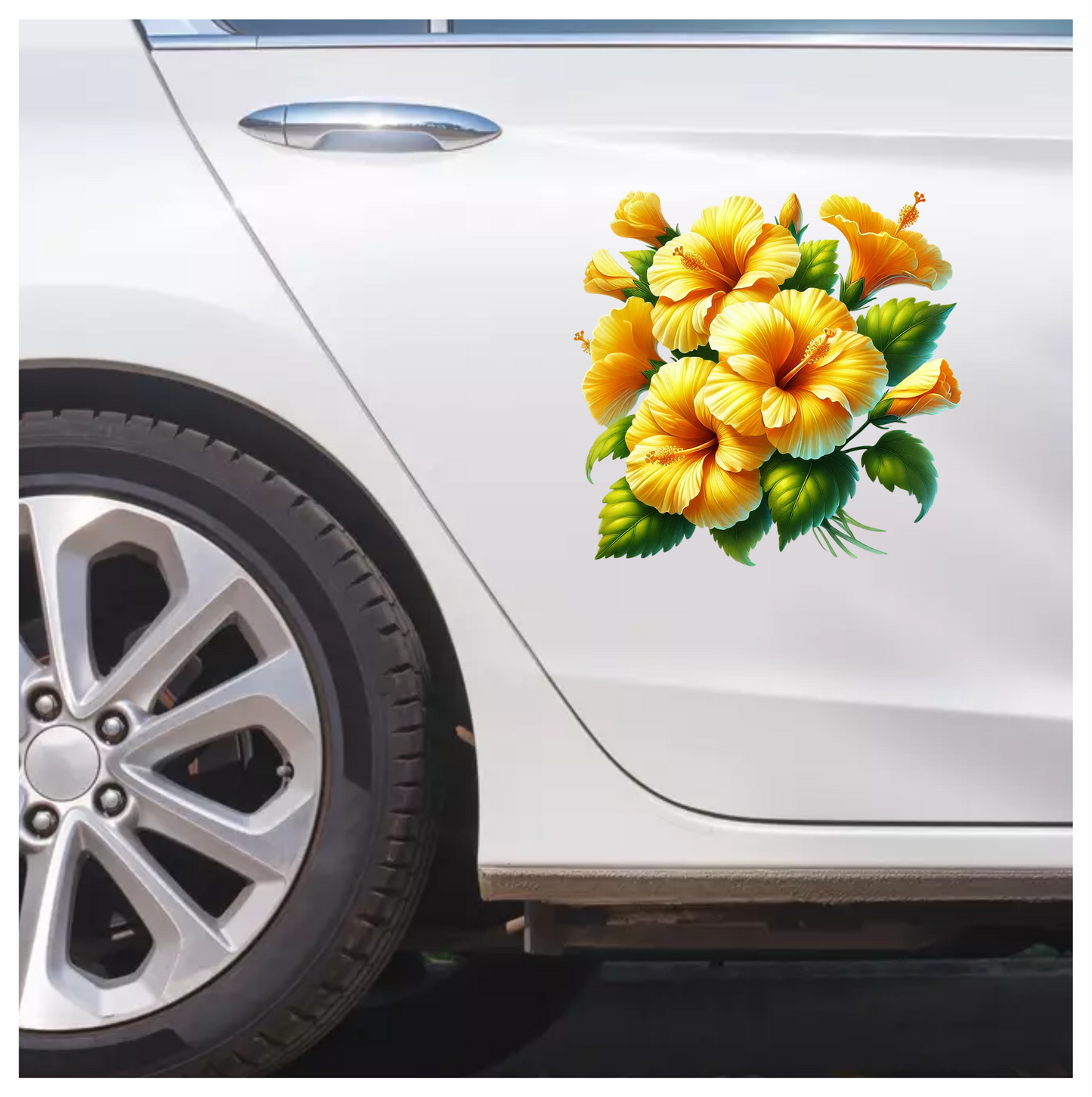 Yellow Hibiscus Flowers Green Leaves Vinyl Sticker Decal