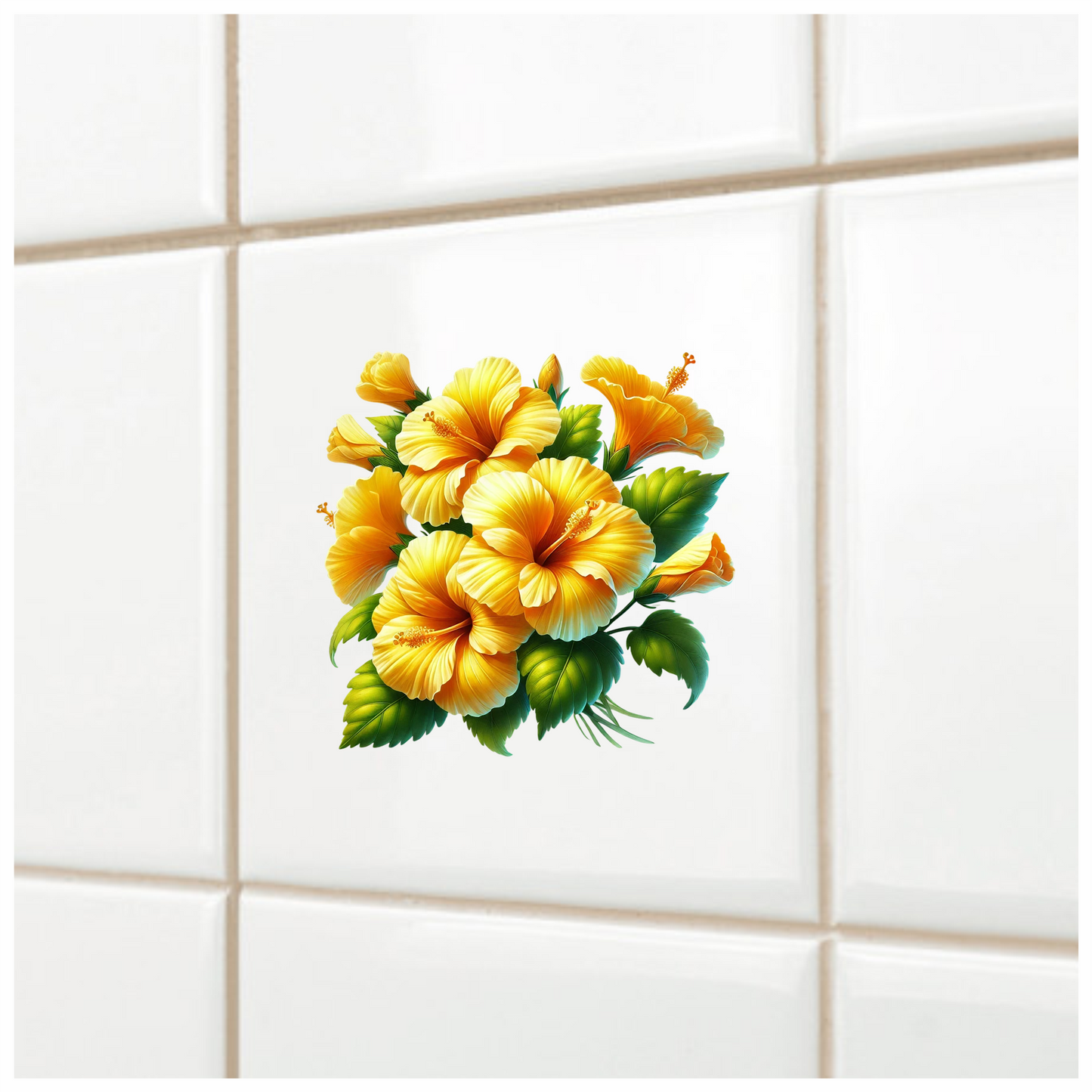 Yellow Hibiscus Flowers Green Leaves Vinyl Sticker Decal