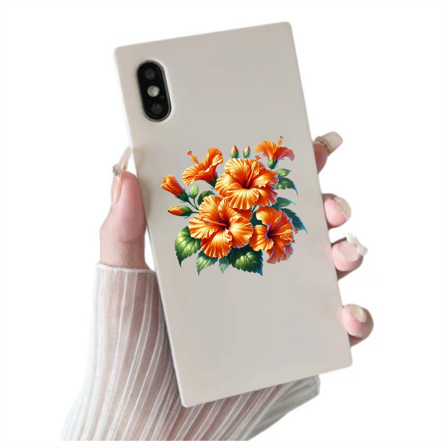 Orange Hibiscus Flowers Green Leaves Vinyl Sticker Decal