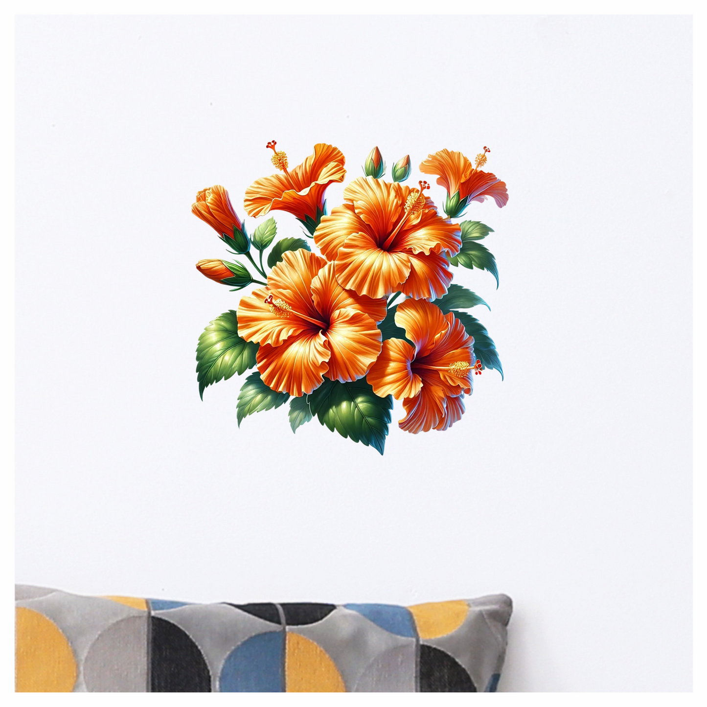 Orange Hibiscus Flowers Green Leaves Vinyl Sticker Decal