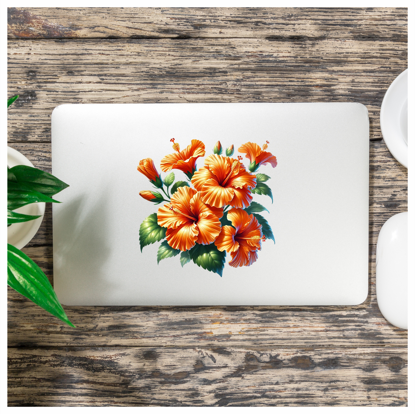 Orange Hibiscus Flowers Green Leaves Vinyl Sticker Decal