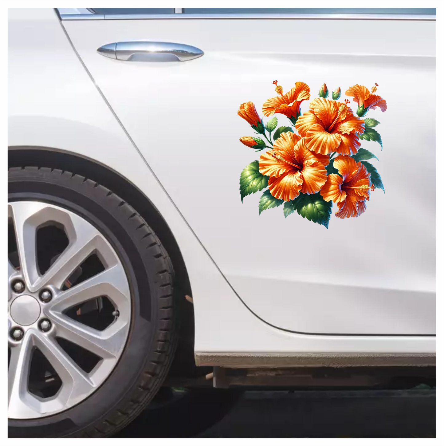 Orange Hibiscus Flowers Green Leaves Vinyl Sticker Decal