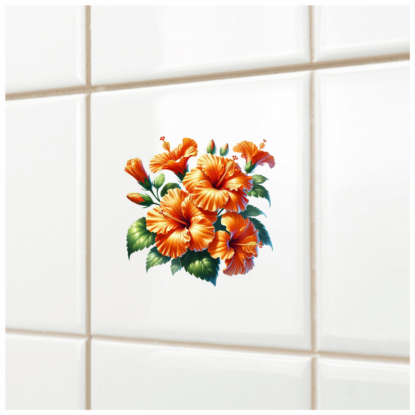 Orange Hibiscus Flowers Green Leaves Vinyl Sticker Decal