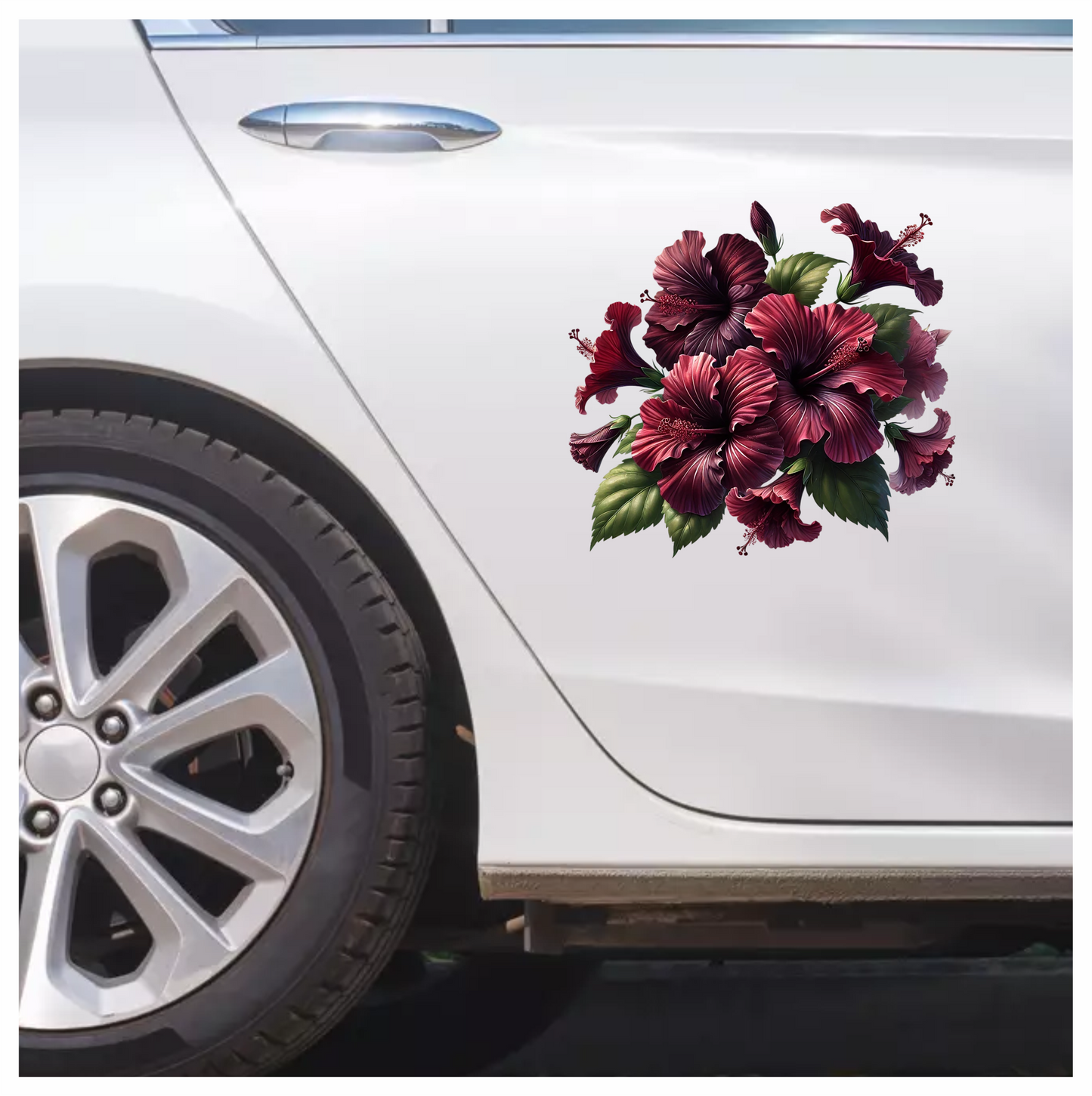 Red Hibiscus Flowers Green Leaves Vinyl Sticker Decal