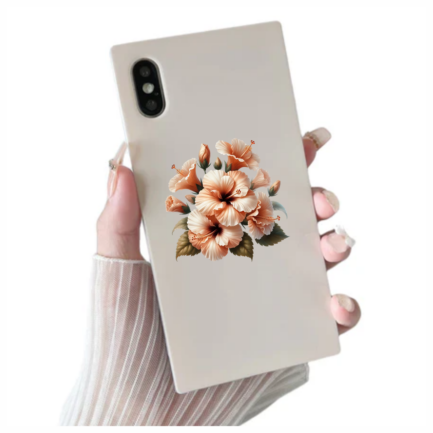 Peach Hibiscus Flowers Green Leaves Vinyl Sticker Decal