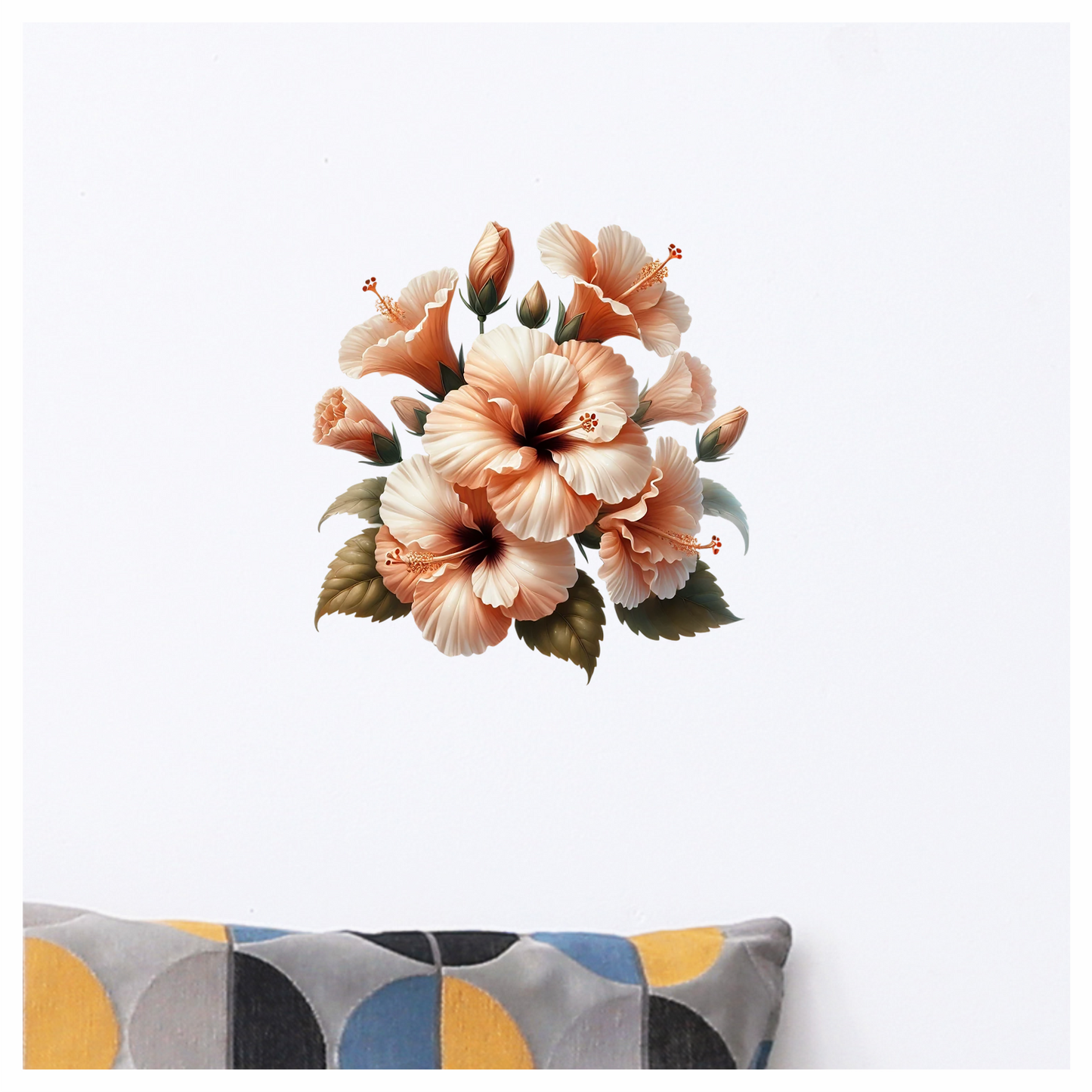 Peach Hibiscus Flowers Green Leaves Vinyl Sticker Decal