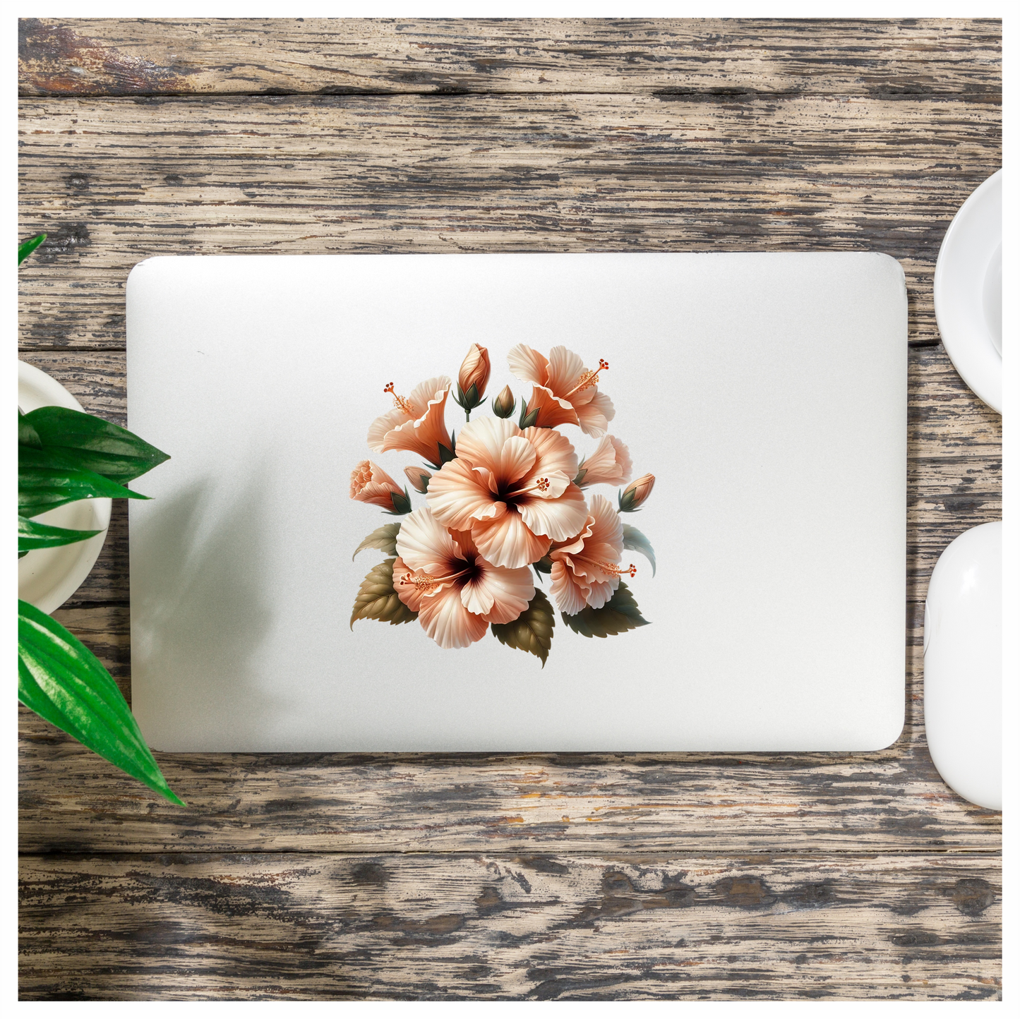 Peach Hibiscus Flowers Green Leaves Vinyl Sticker Decal