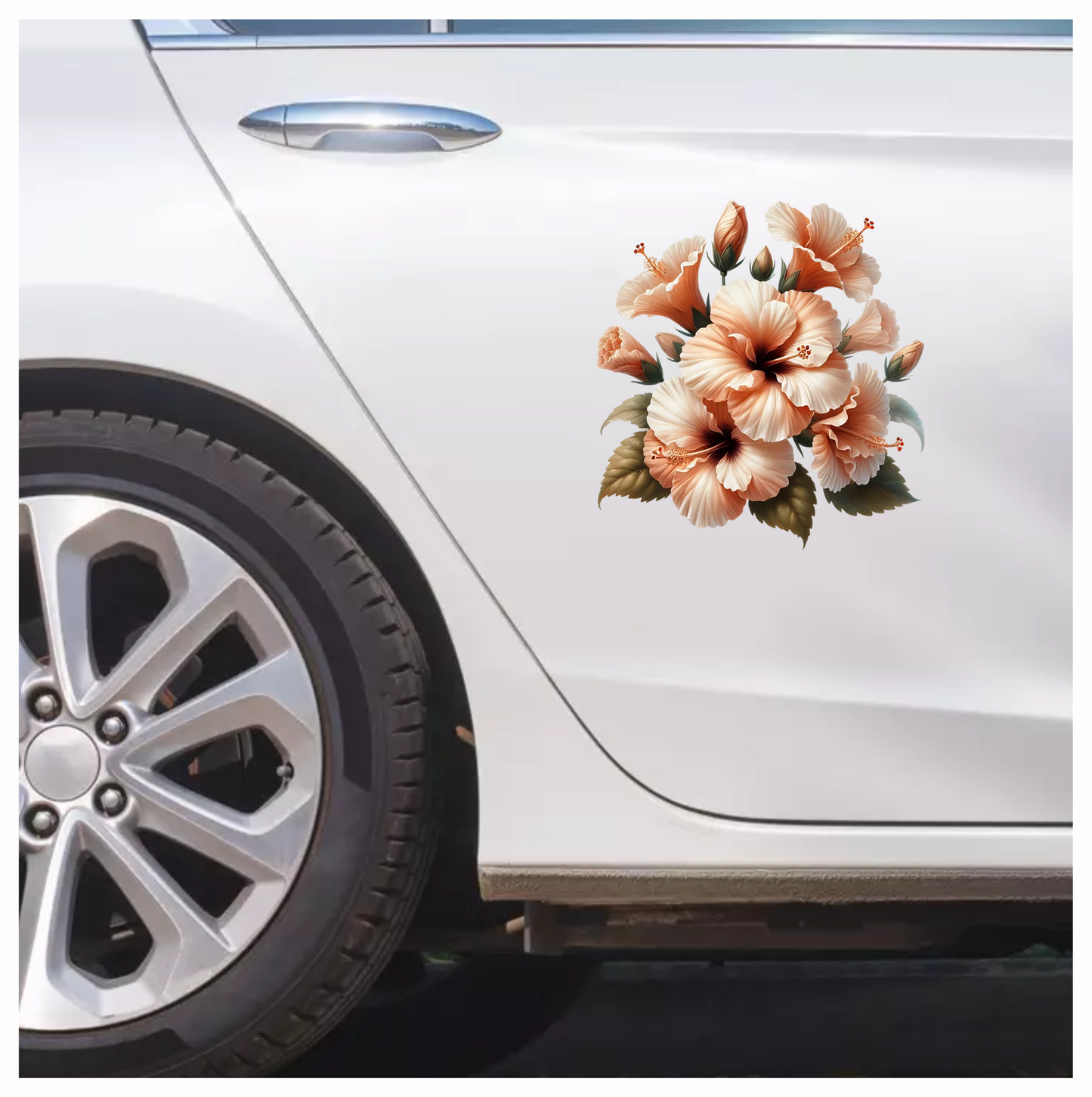 Peach Hibiscus Flowers Green Leaves Vinyl Sticker Decal
