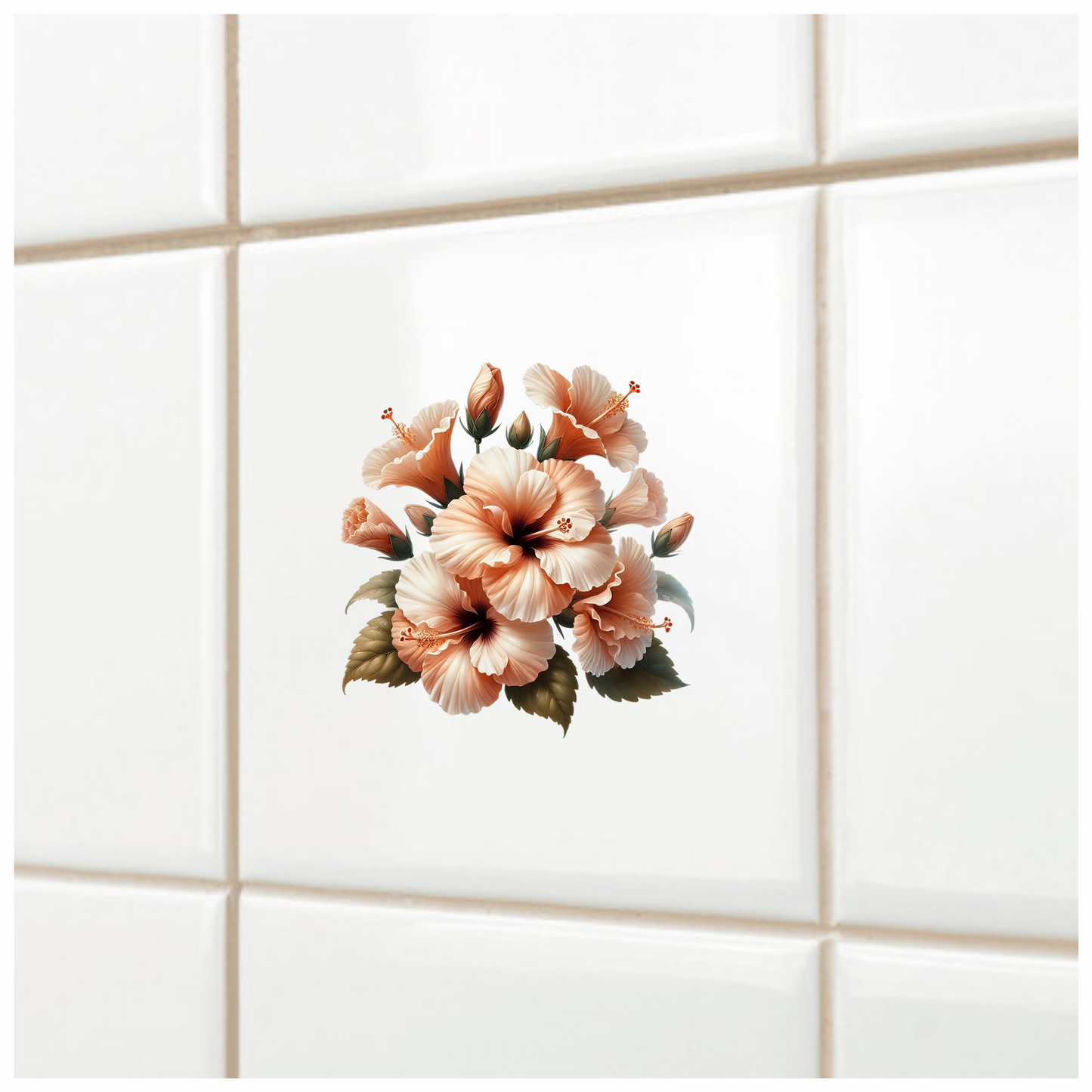 Peach Hibiscus Flowers Green Leaves Vinyl Sticker Decal