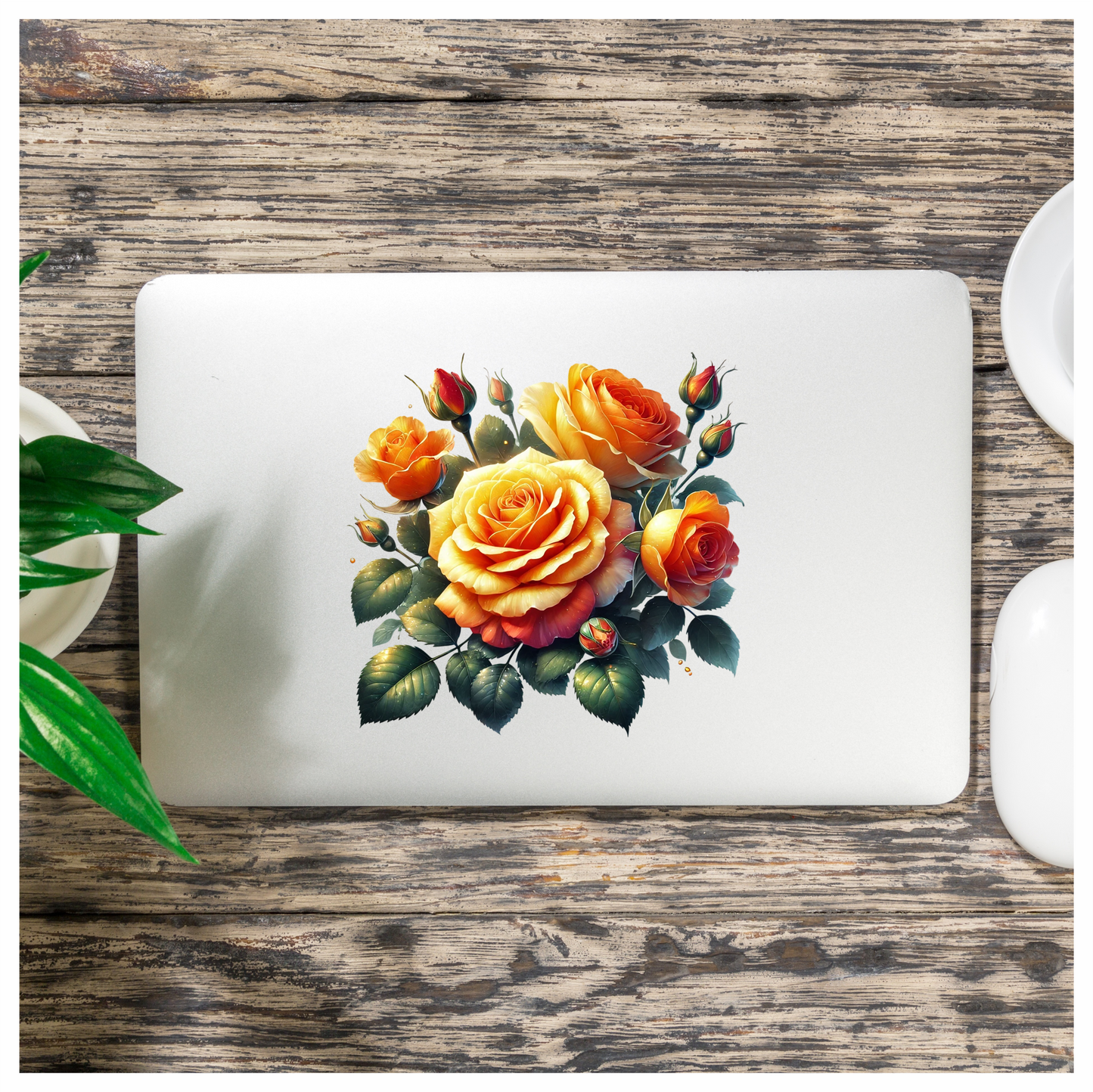 Orange Yellow Roses Green Leaves Vinyl Sticker Decal