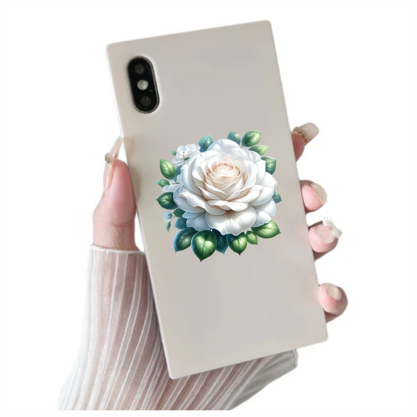 White Rose Green Leaves Floral Vinyl Sticker Decal
