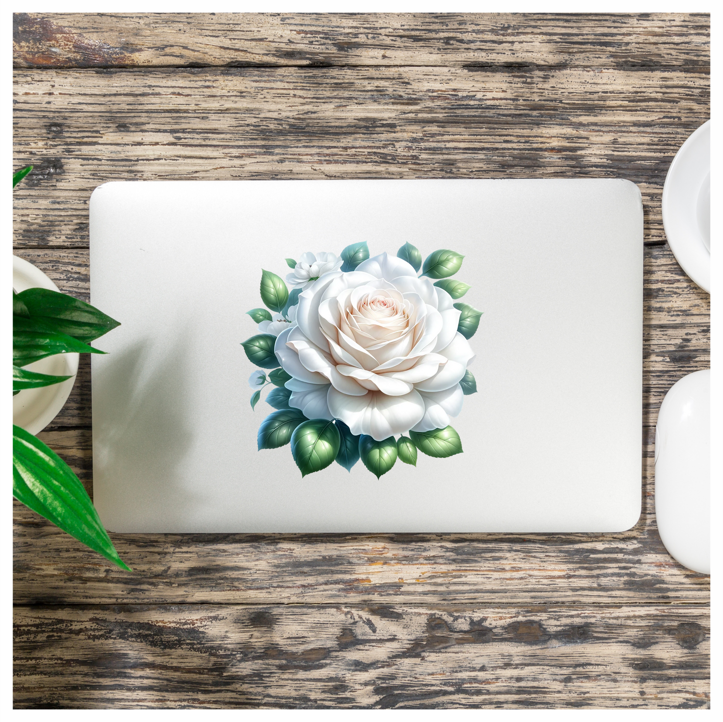 White Rose Green Leaves Floral Vinyl Sticker Decal