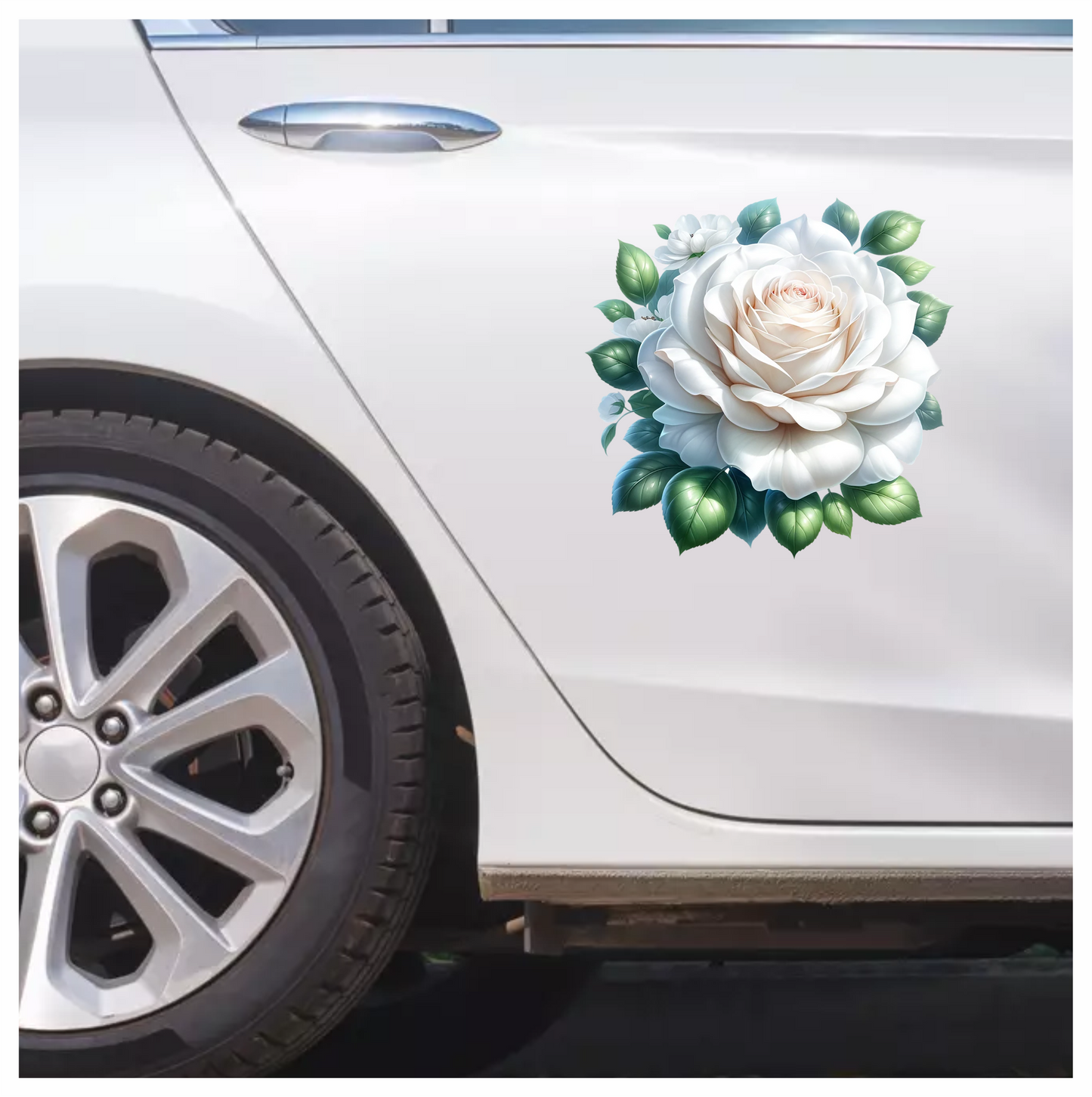 White Rose Green Leaves Floral Vinyl Sticker Decal
