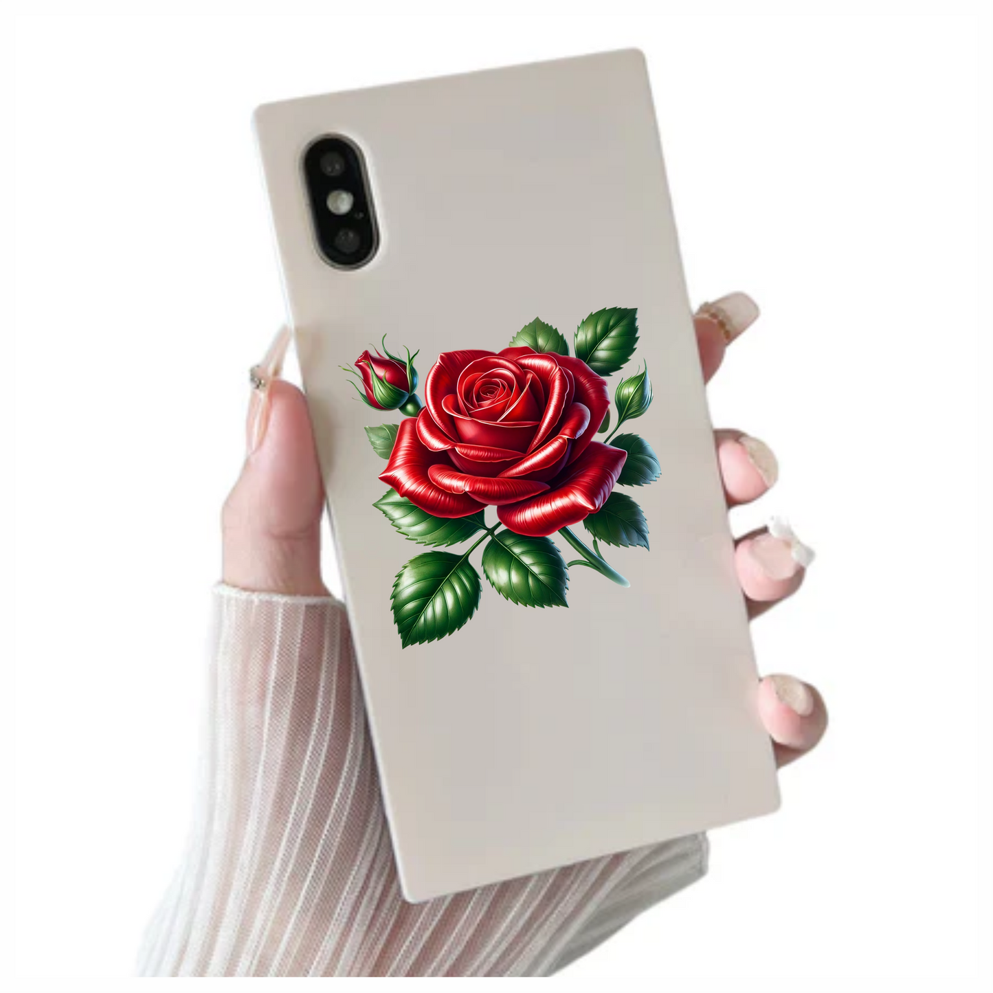 Red Rose Bloom Green Leaves Vinyl Sticker Decal