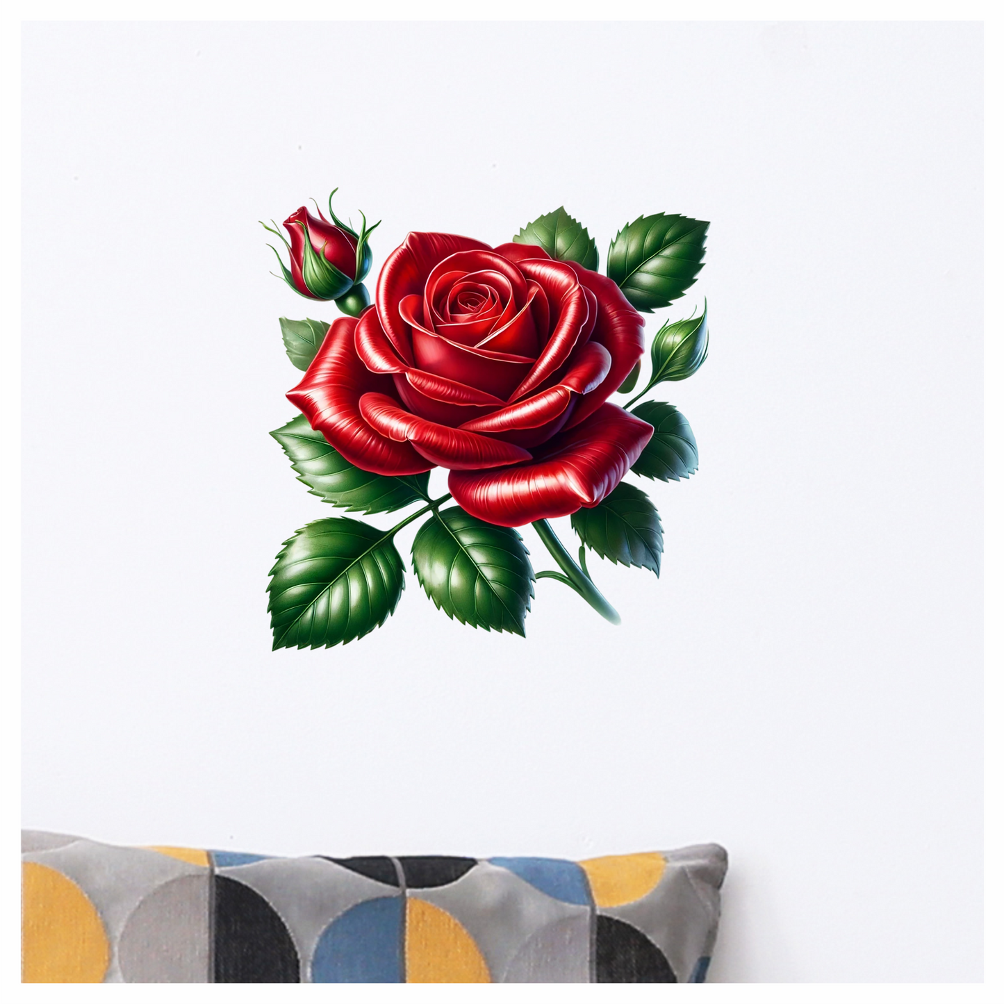 Red Rose Bloom Green Leaves Vinyl Sticker Decal