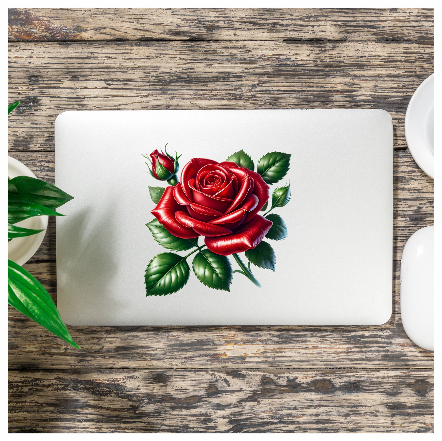 Red Rose Bloom Green Leaves Vinyl Sticker Decal