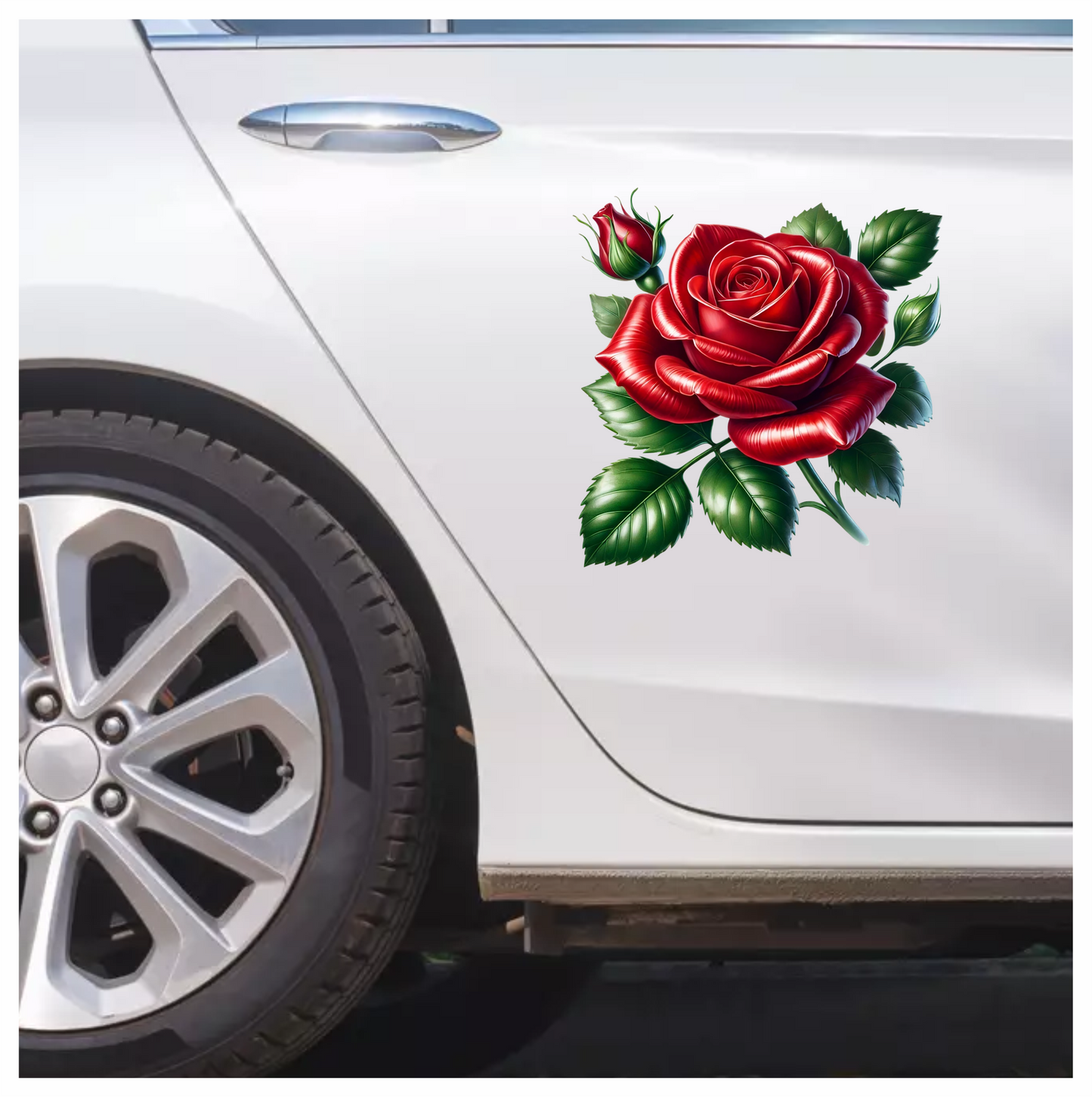 Red Rose Bloom Green Leaves Vinyl Sticker Decal