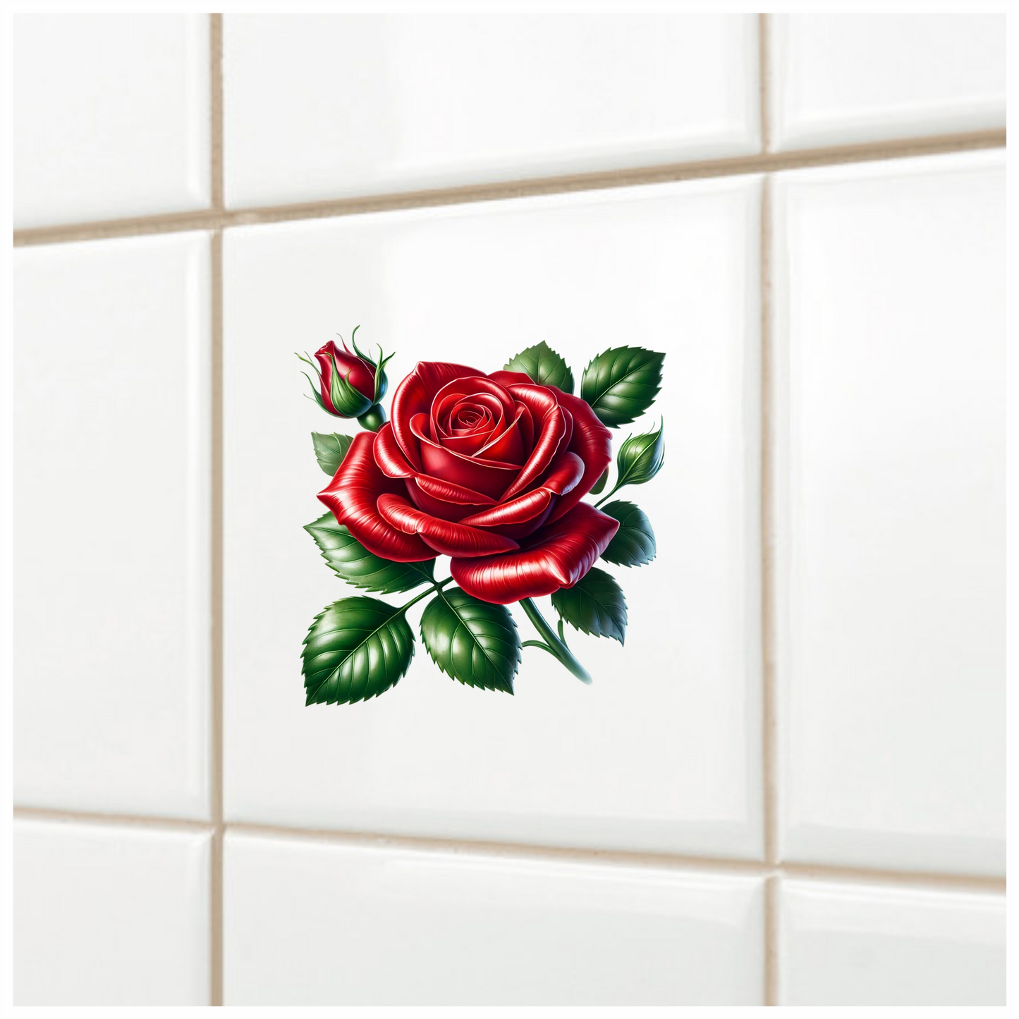 Red Rose Bloom Green Leaves Vinyl Sticker Decal