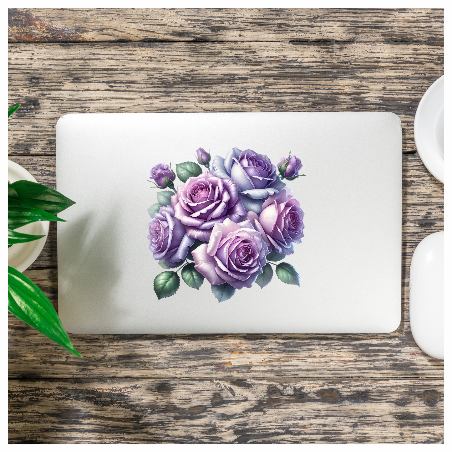 Purple Roses Green Leaves Floral Bouquet Vinyl Sticker Decal