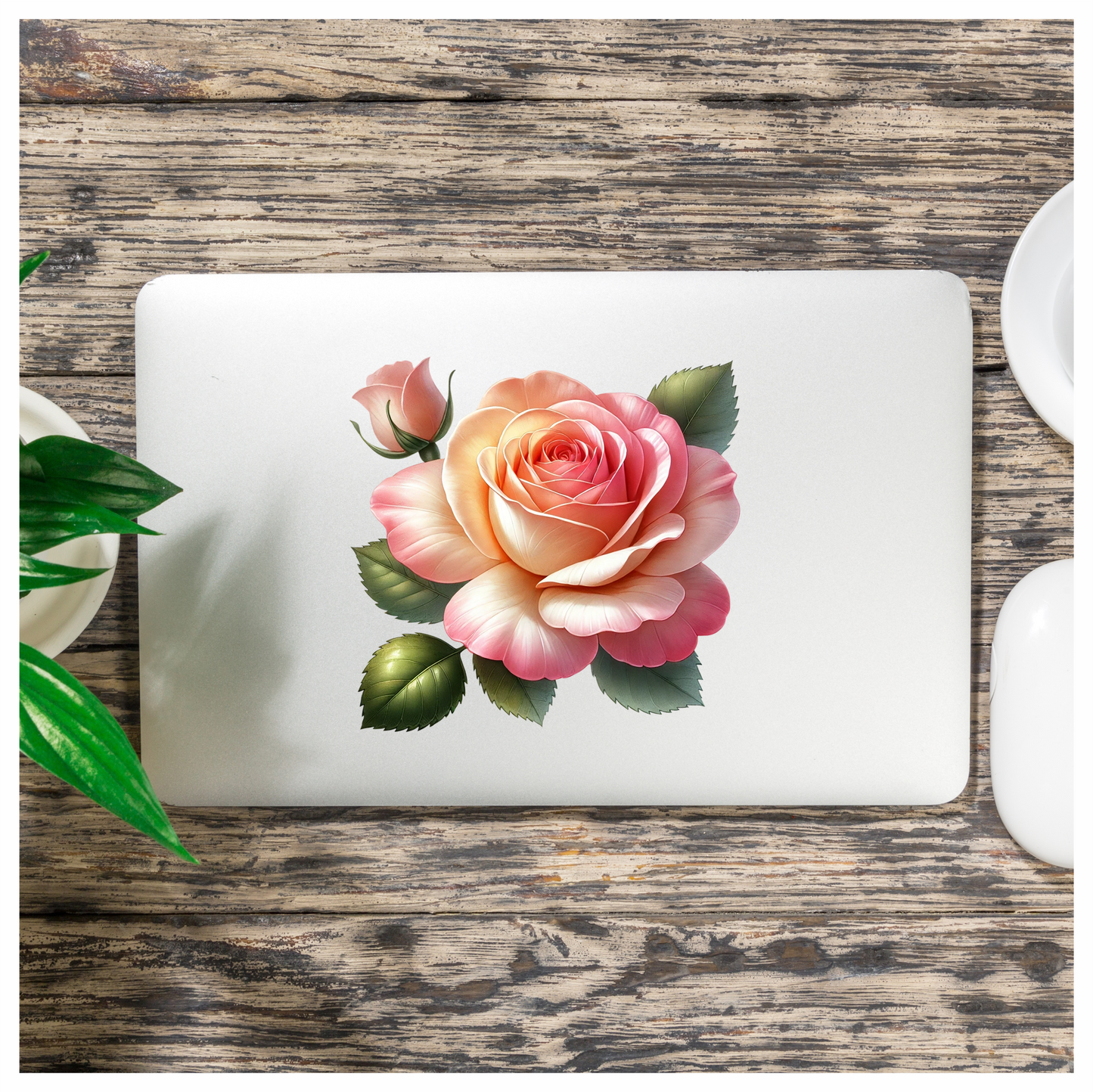 Pink Rose Green Leaves Bloom Vinyl Sticker Decal