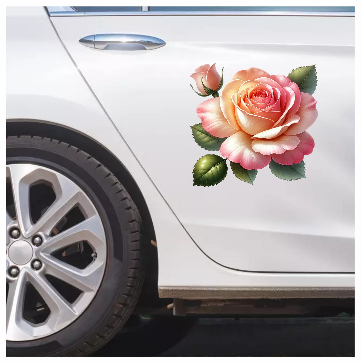 Pink Rose Green Leaves Bloom Vinyl Sticker Decal