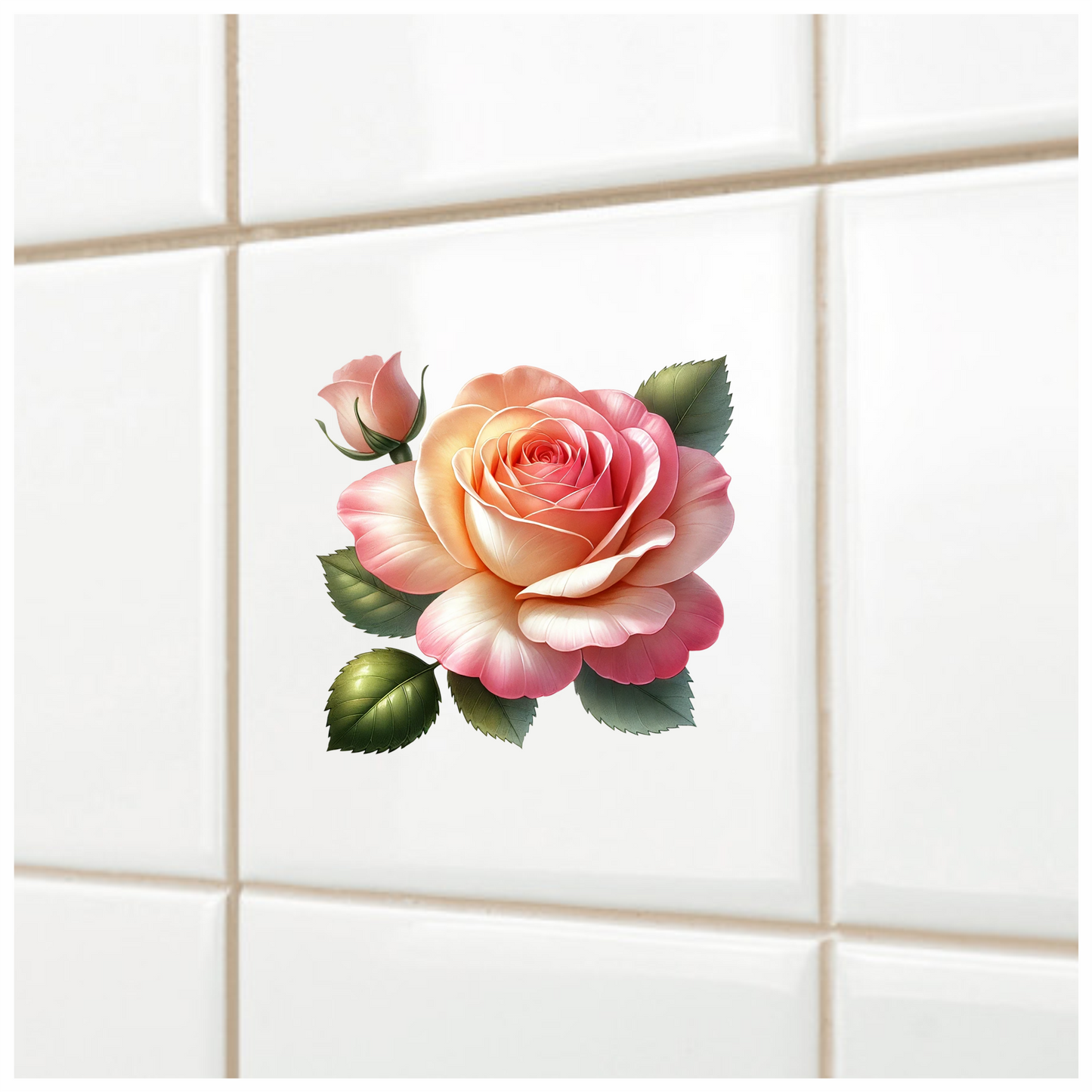 Pink Rose Green Leaves Bloom Vinyl Sticker Decal
