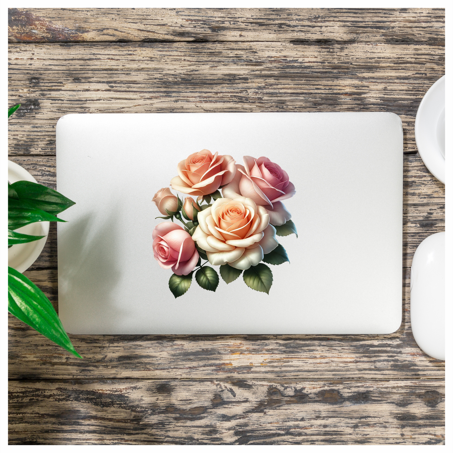 Peach Roses Pink Roses Green Leaves Vinyl Sticker Decal