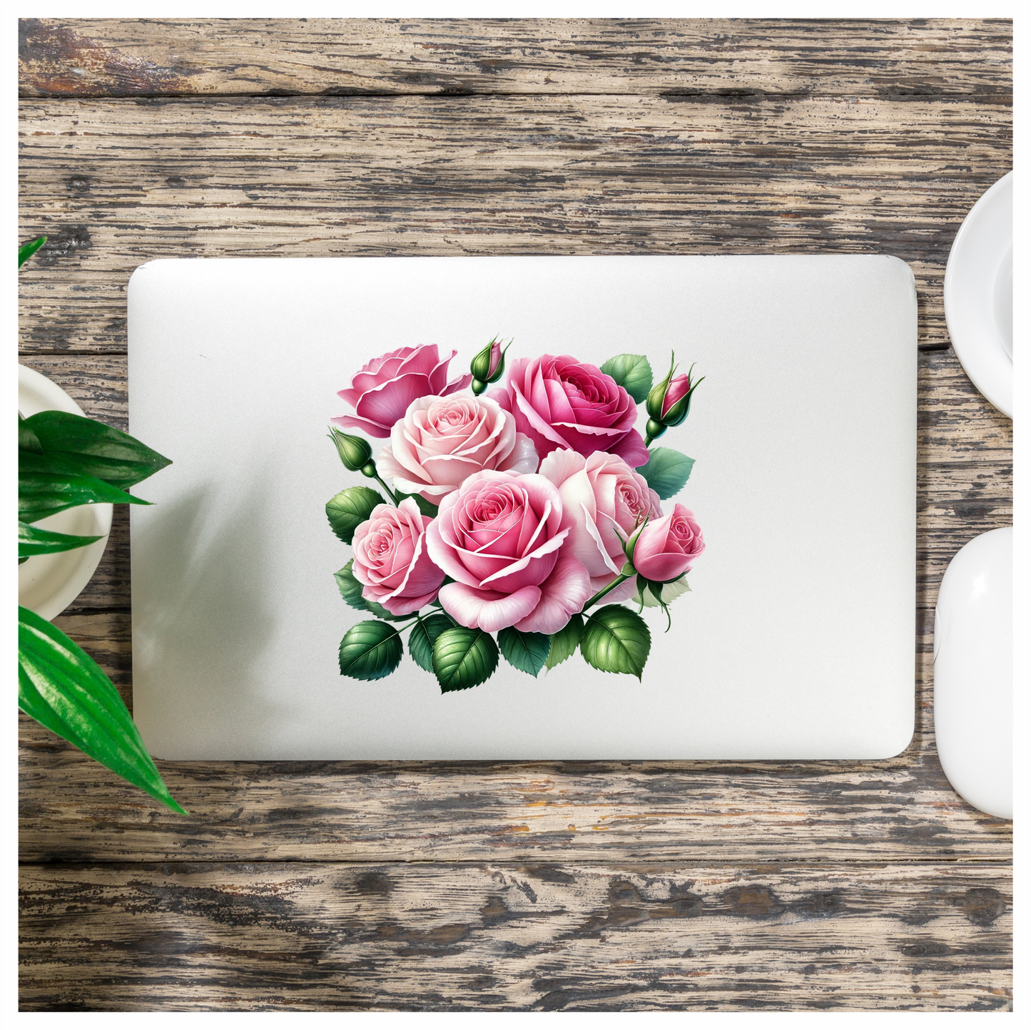 Pink Roses Green Leaves Garden Flowers Vinyl Sticker Decal